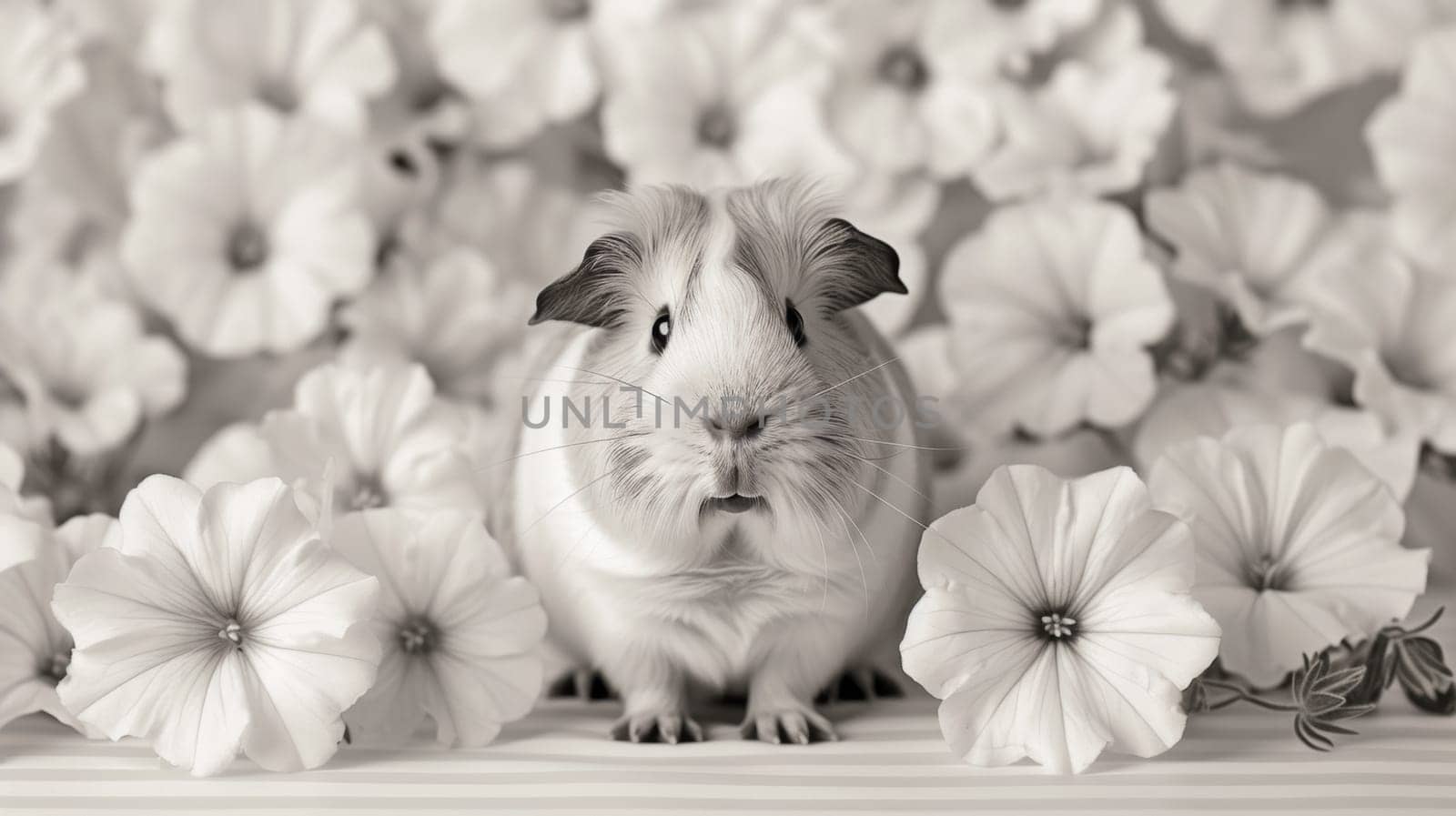 A guinea pig is surrounded by flowers in a black and white photo, AI by starush