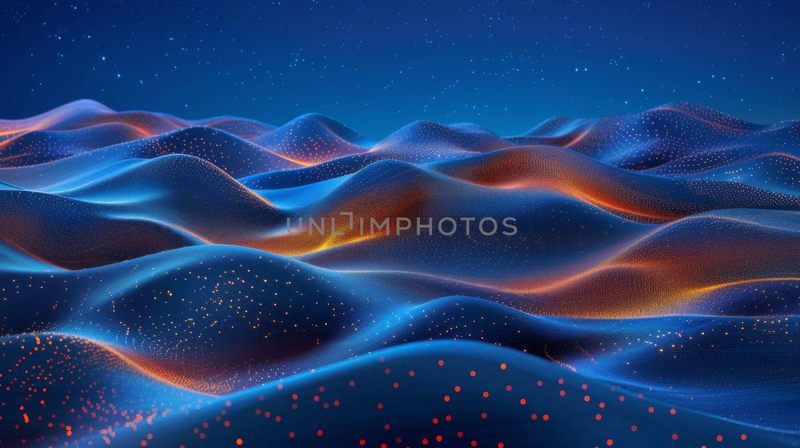 A digital painting of a landscape with glowing lights and stars