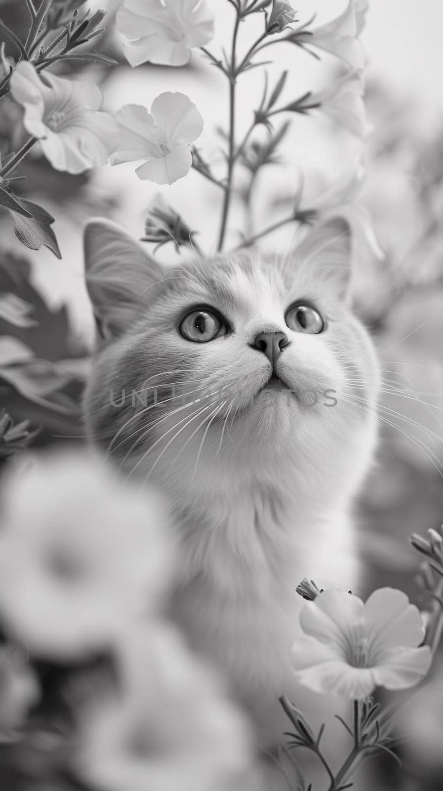 A cat looking up through a bunch of flowers in black and white, AI by starush