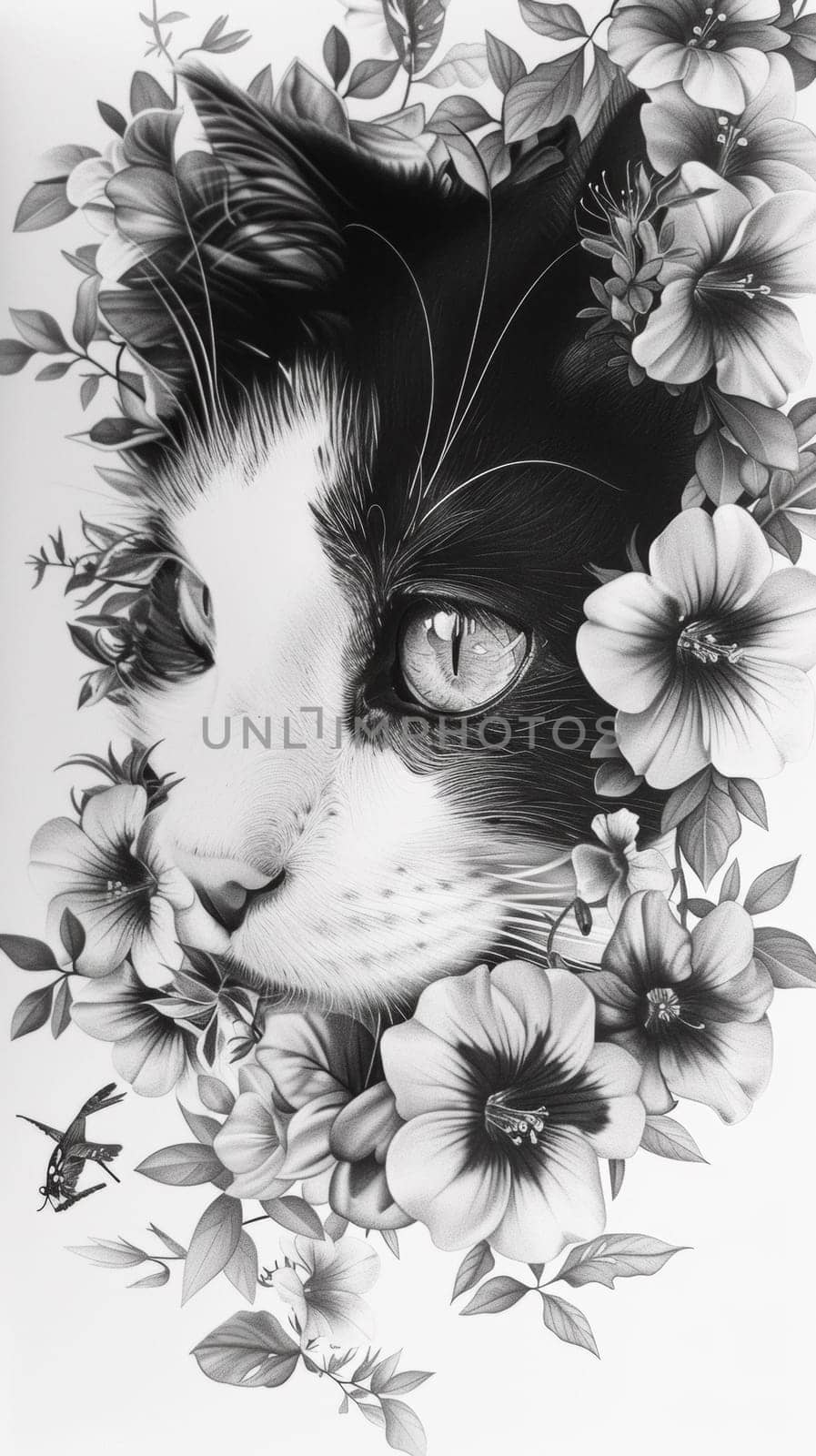 A black and white drawing of a cat surrounded by flowers, AI by starush