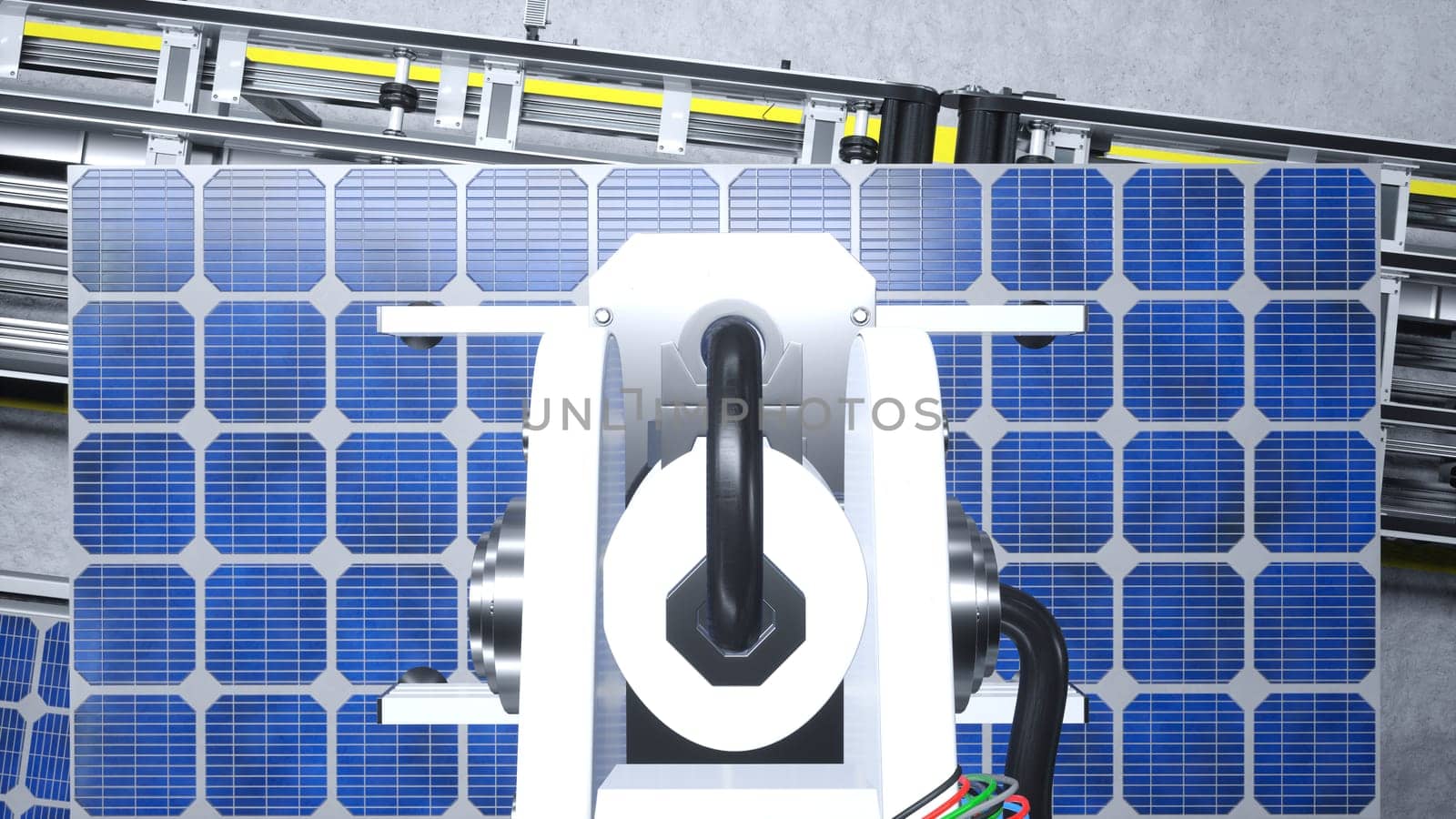 Aerial shot of cutting edge robotic arm placing solar panel on production line in green energy factory, 3D illustration. Machinery unit placing PV cells on modern conveyor belts, top down shot