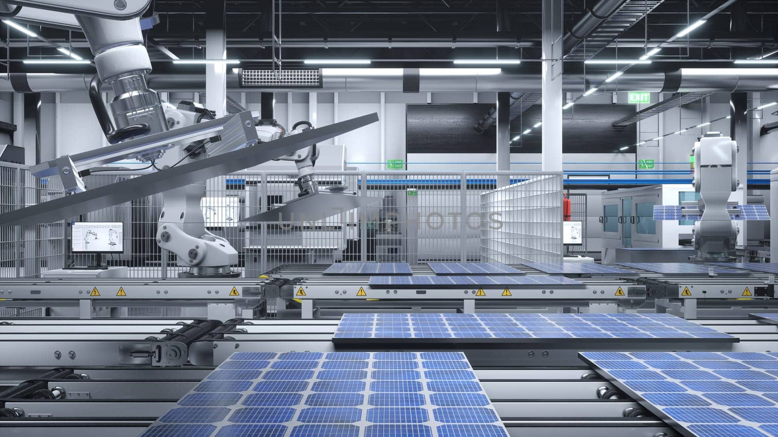 Photovoltaic cells being placed on assembly lines, 3D illustration by DCStudio