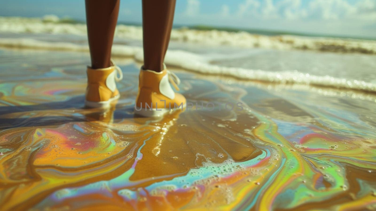A person standing in a puddle of oil on the beach