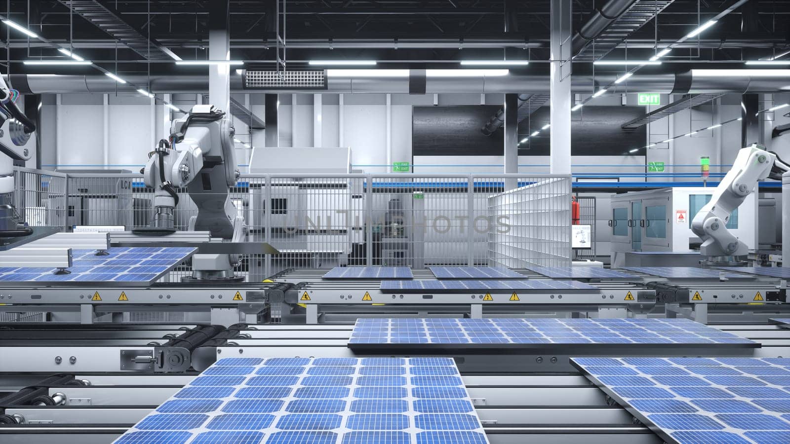 Busy solar panel factory with robot arms placing photovoltaic modules on conveyor belts, 3D illustration. Cutting edge manufacturing warehouse producing solar cells for renewable energy industry