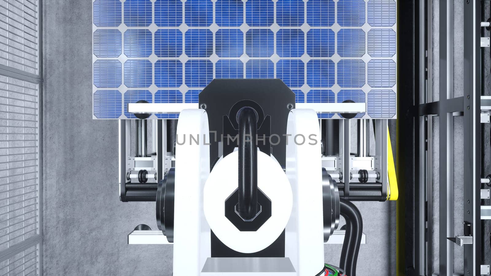 Heavy equipment unit placing PV cells on assembly lines, 3D rendering by DCStudio