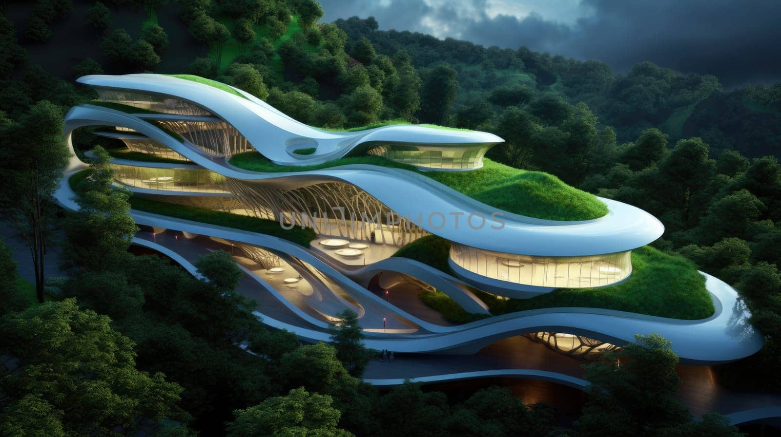 Futuristic sustainable complex office building for green economy and sustainability comeliness