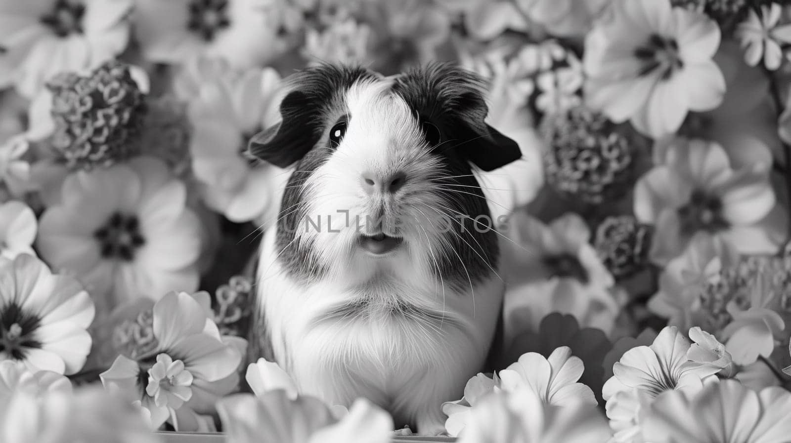 A black and white photo of a guinea pig in flowers, AI by starush