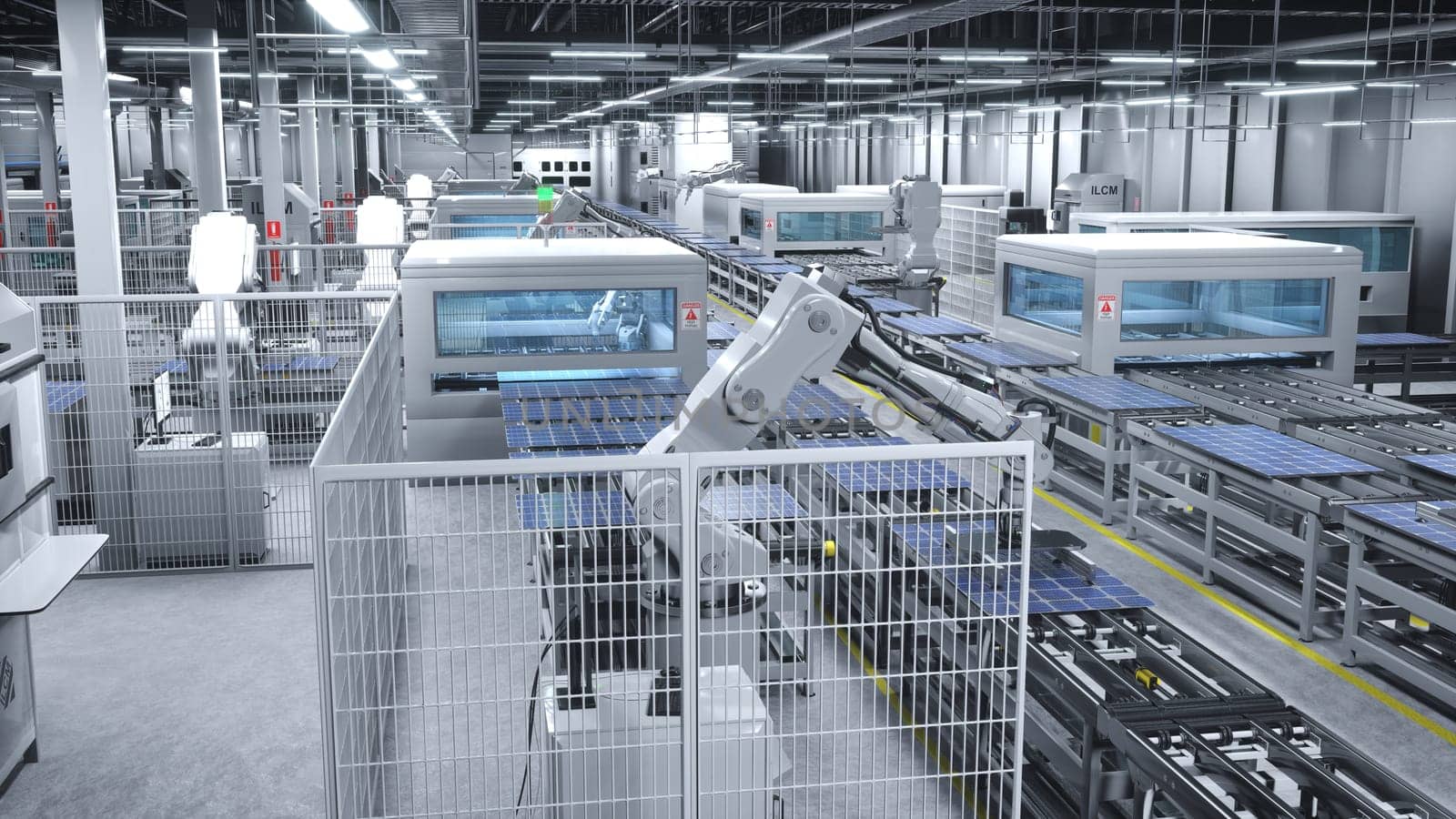 Industrial solar panel warehouse with high tech robot arms, 3D illustration by DCStudio