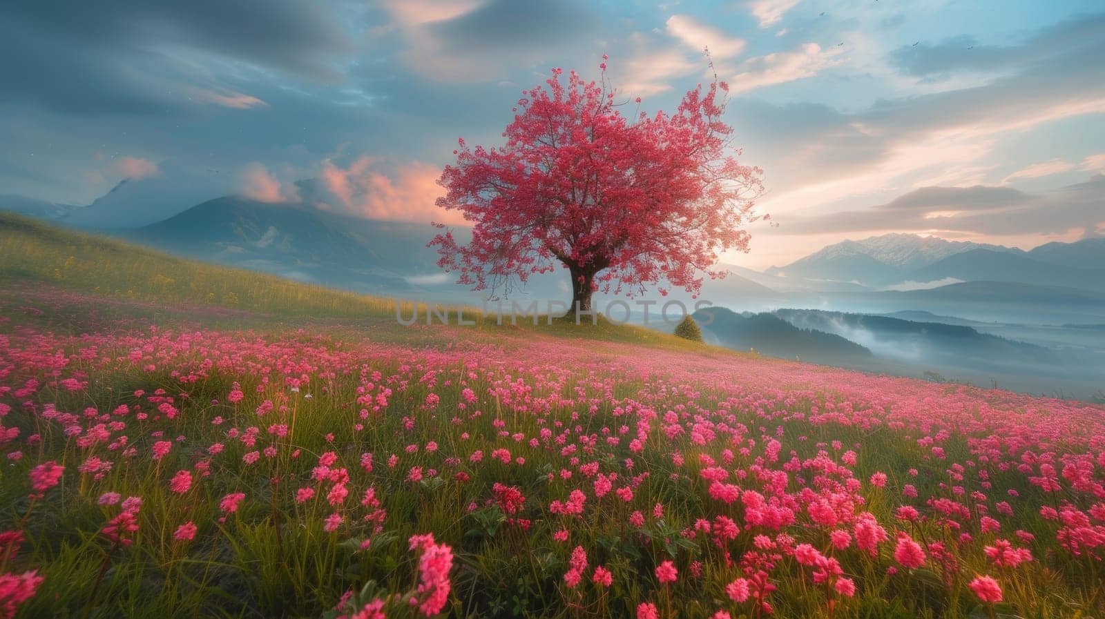 A lone tree in a field of pink flowers with mountains behind