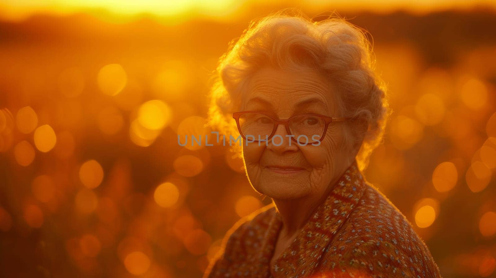 An older woman with glasses standing in a field of flowers