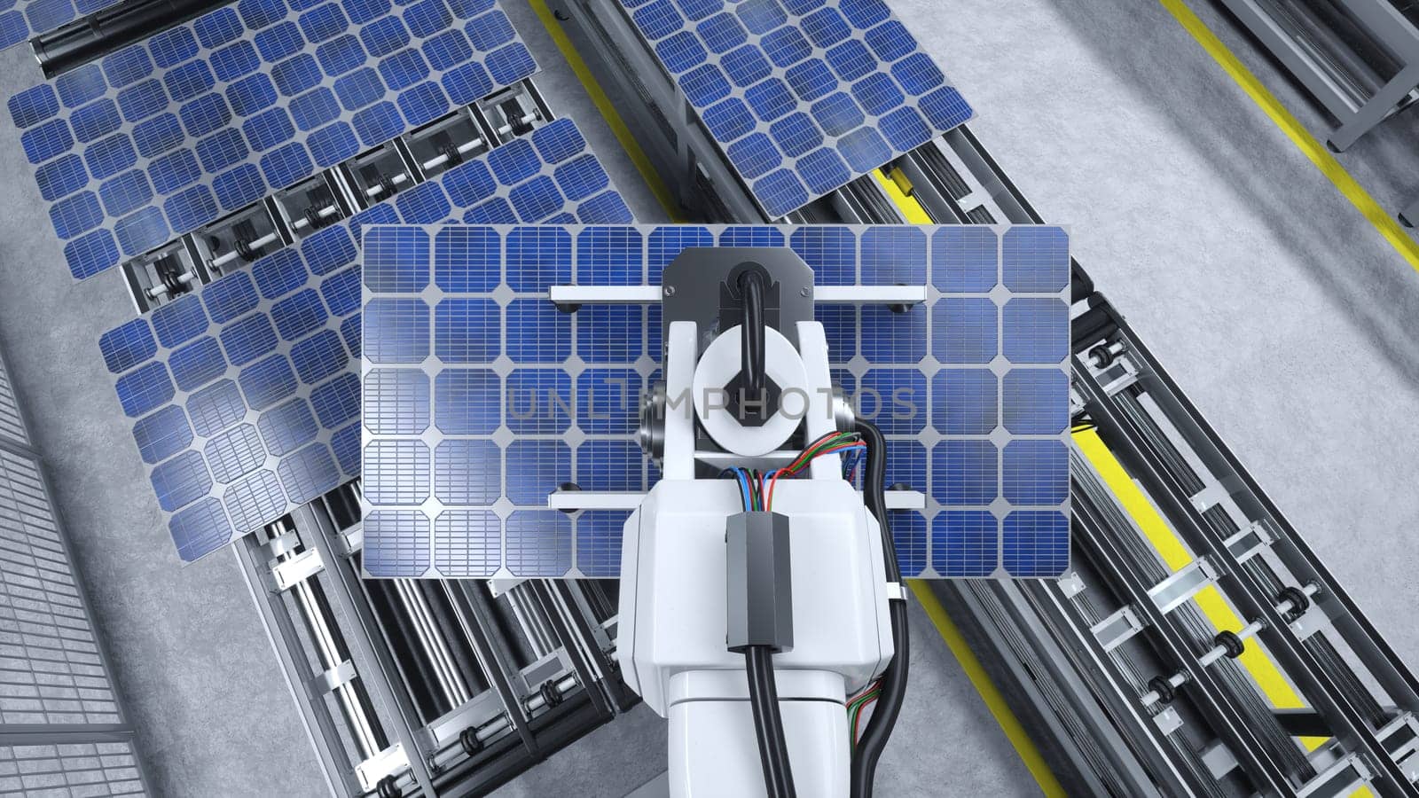 POV of robot arm moving solar panels on conveyor belts during automated production process in clean energy factory, 3D render. Machinery unit placing photovoltaic cells on assembly lines