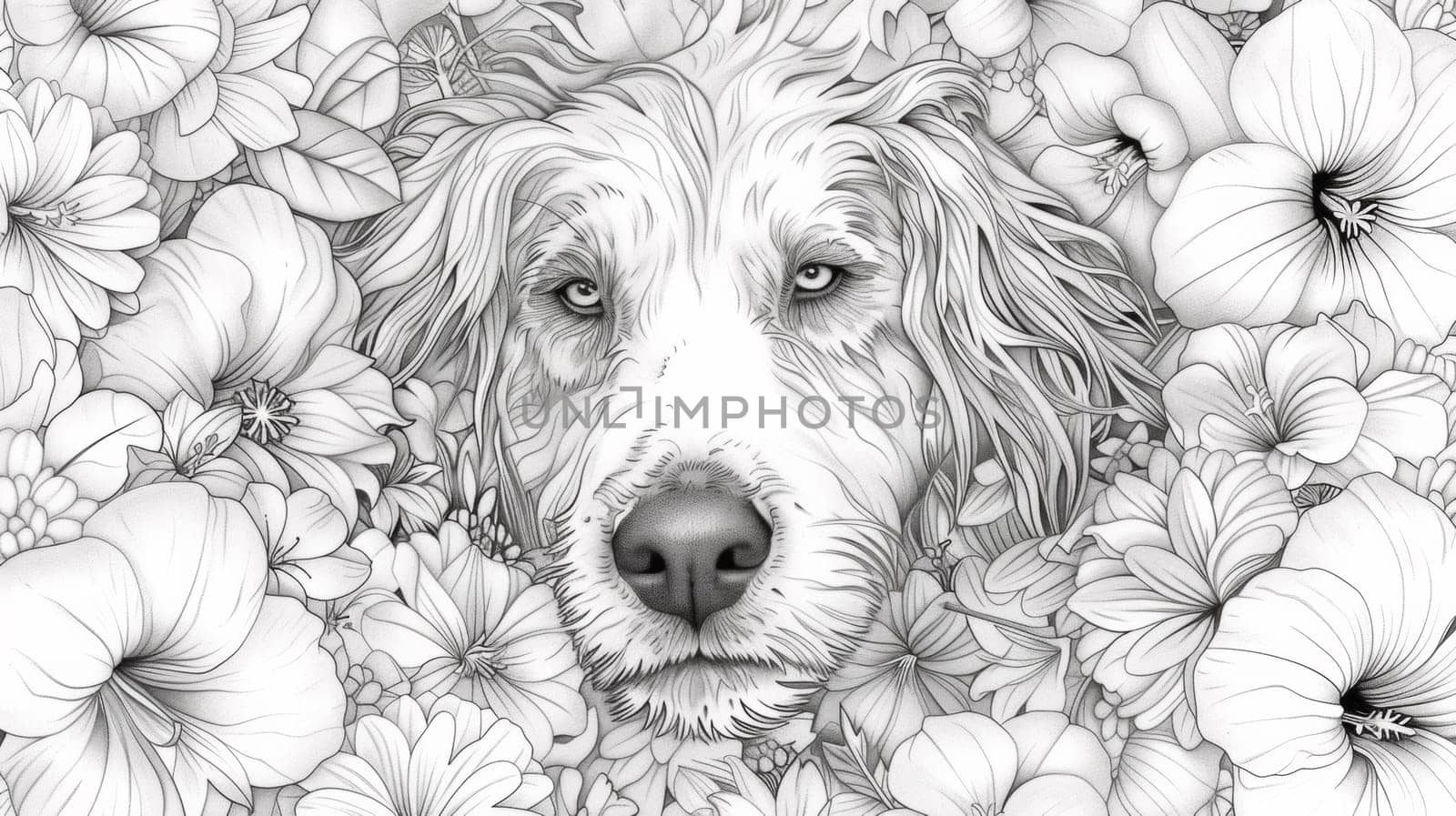 A dog is surrounded by flowers in a coloring book