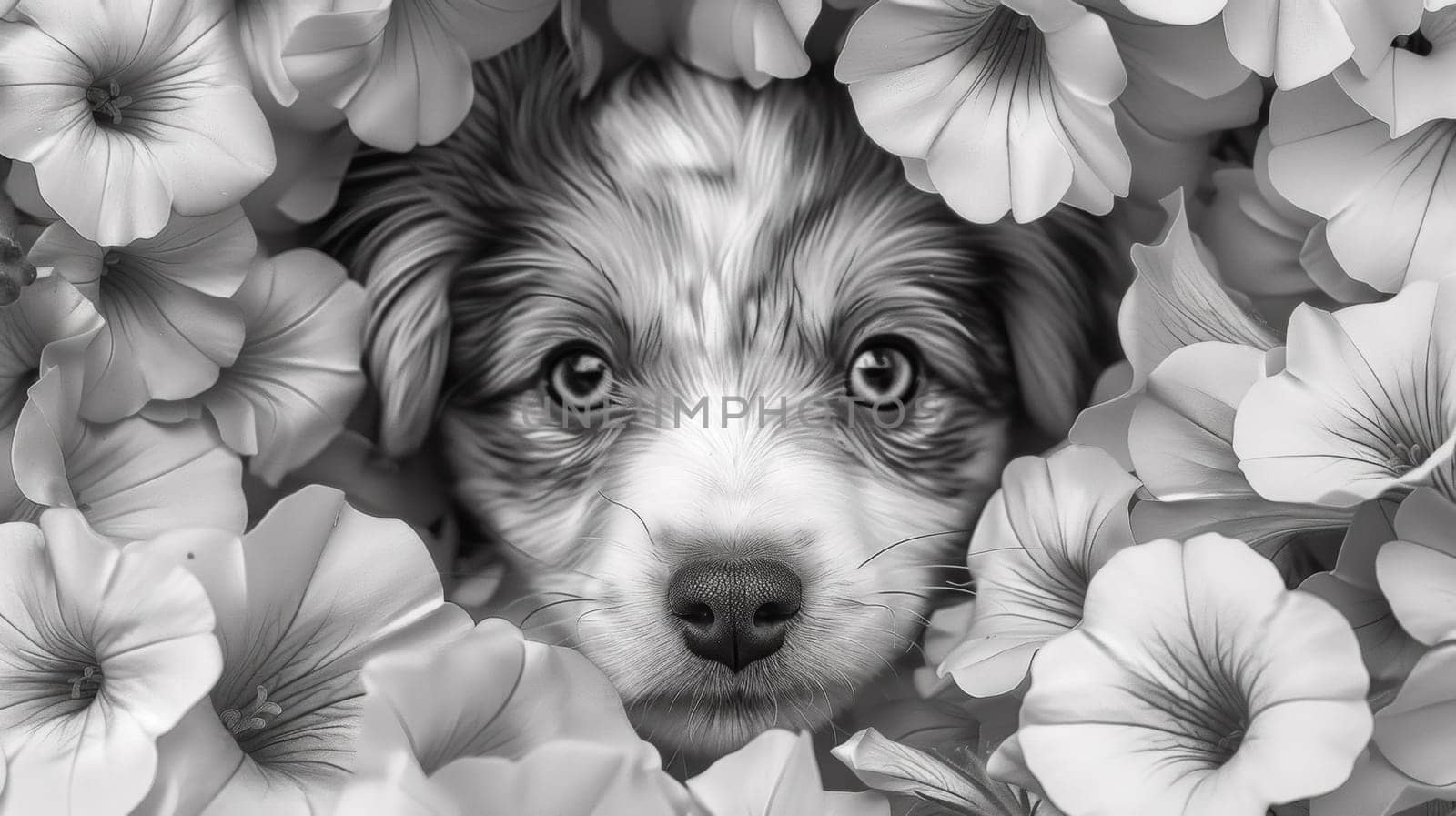 A dog is surrounded by flowers in a black and white photo, AI by starush