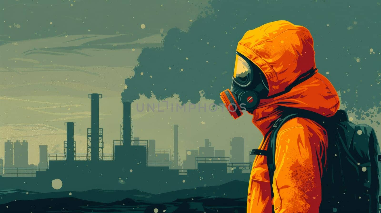A man in orange jacket with gas mask standing near a factory