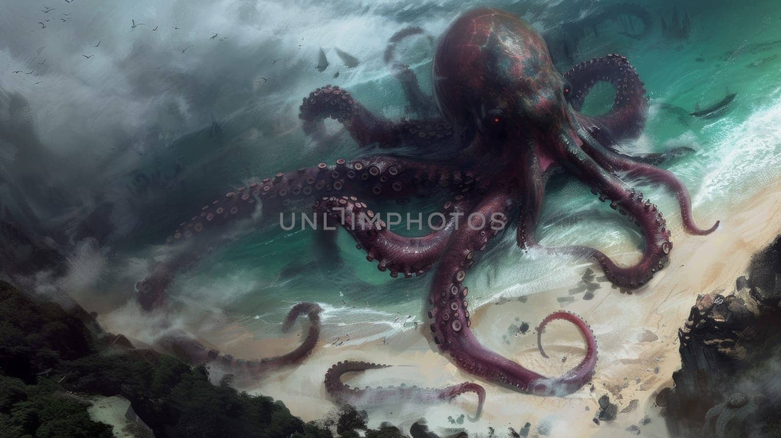 An octopus is swimming in the ocean near a beach, AI by starush