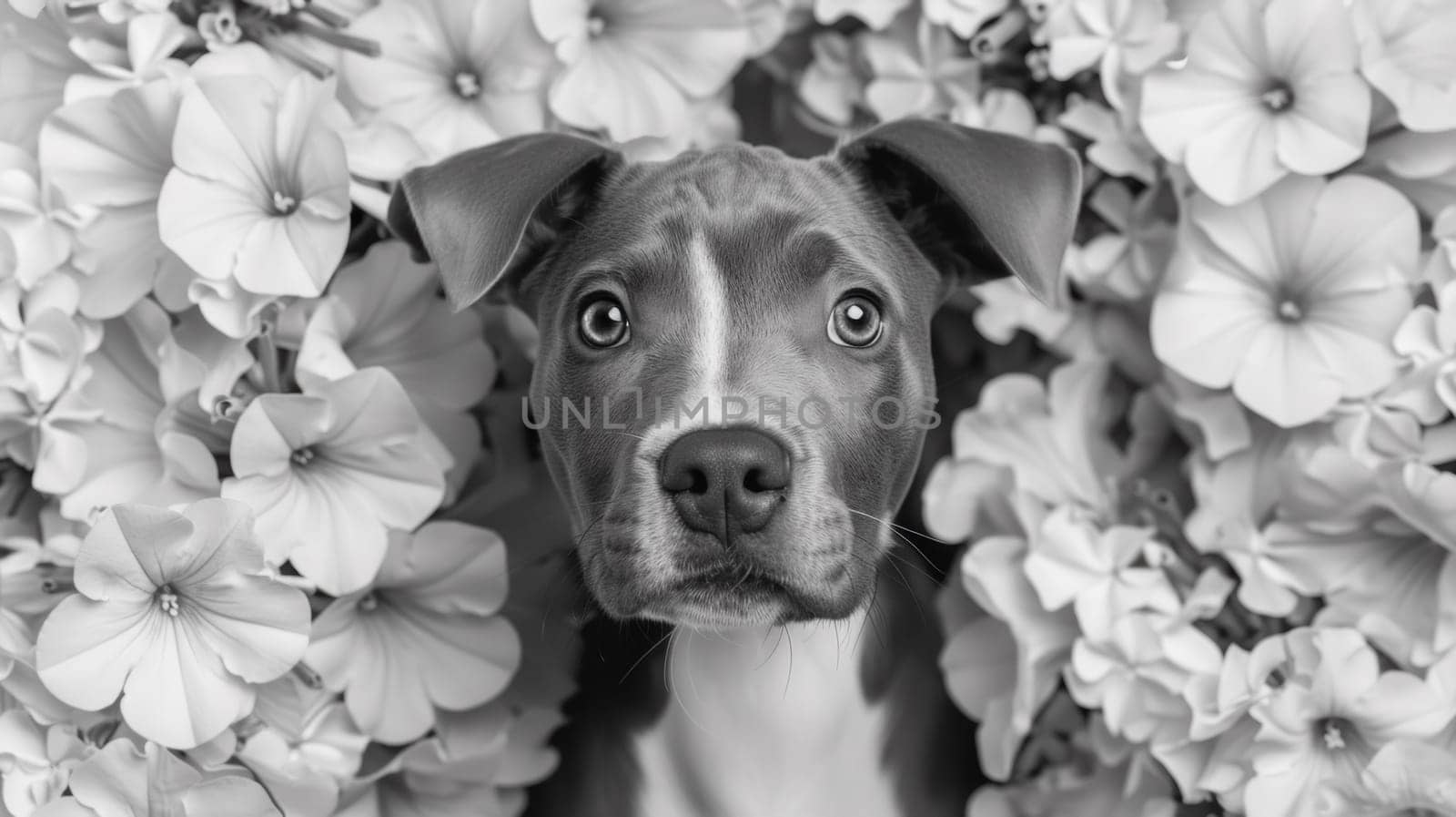 A dog is peeking out from behind a bunch of flowers