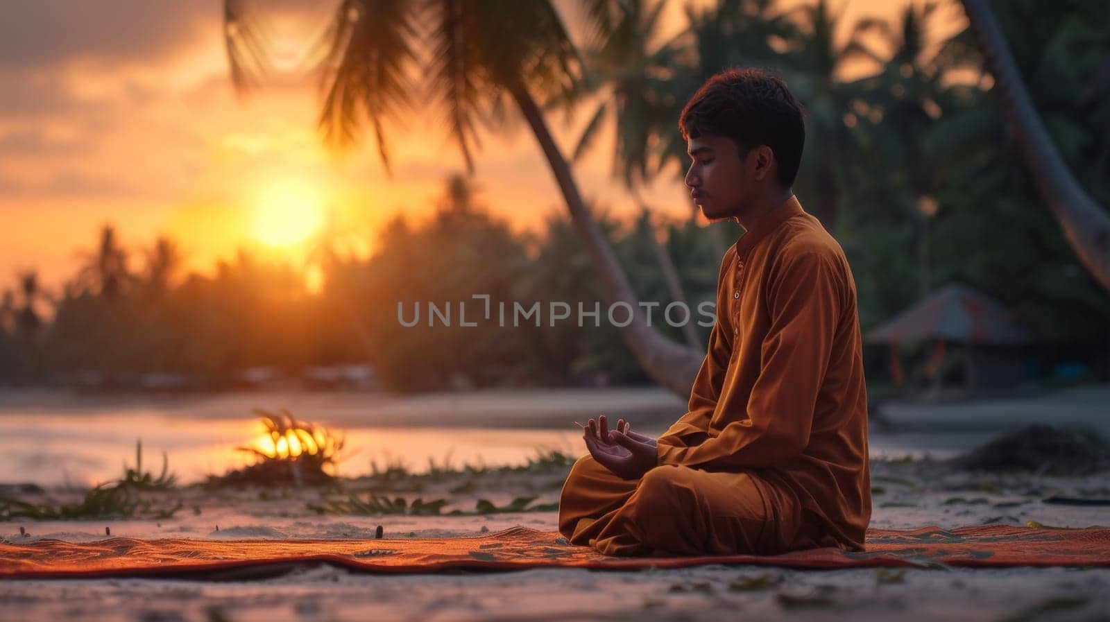 A young man sitting on the beach meditating in front of a sunset