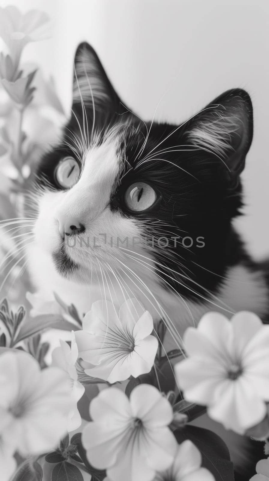 A black and white cat sitting in a bunch of flowers