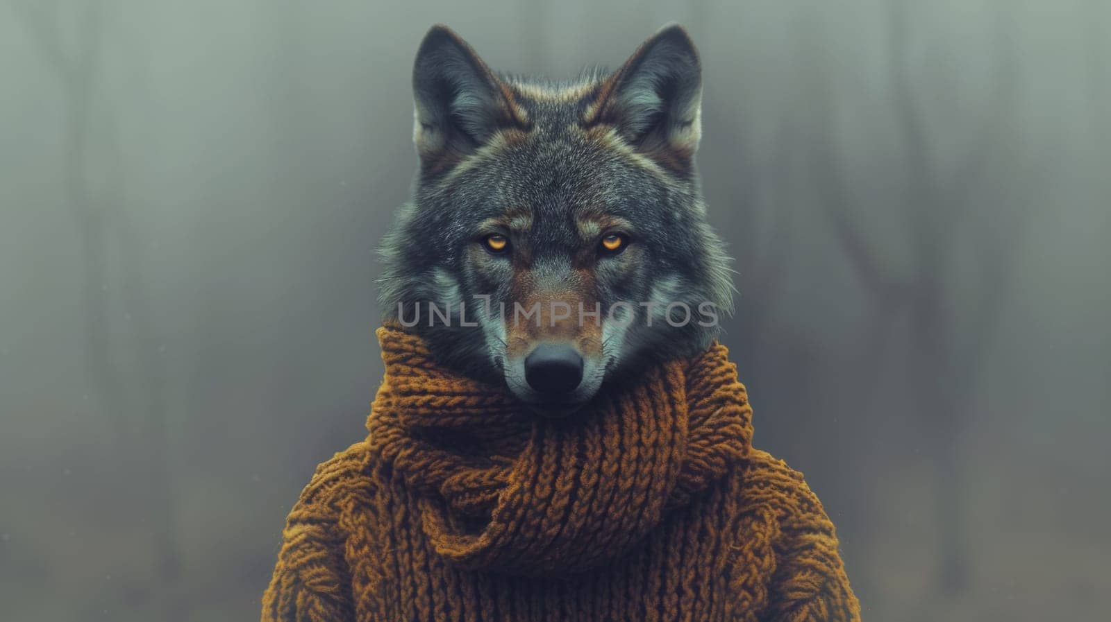 A wolf wearing a sweater with eyes and ears