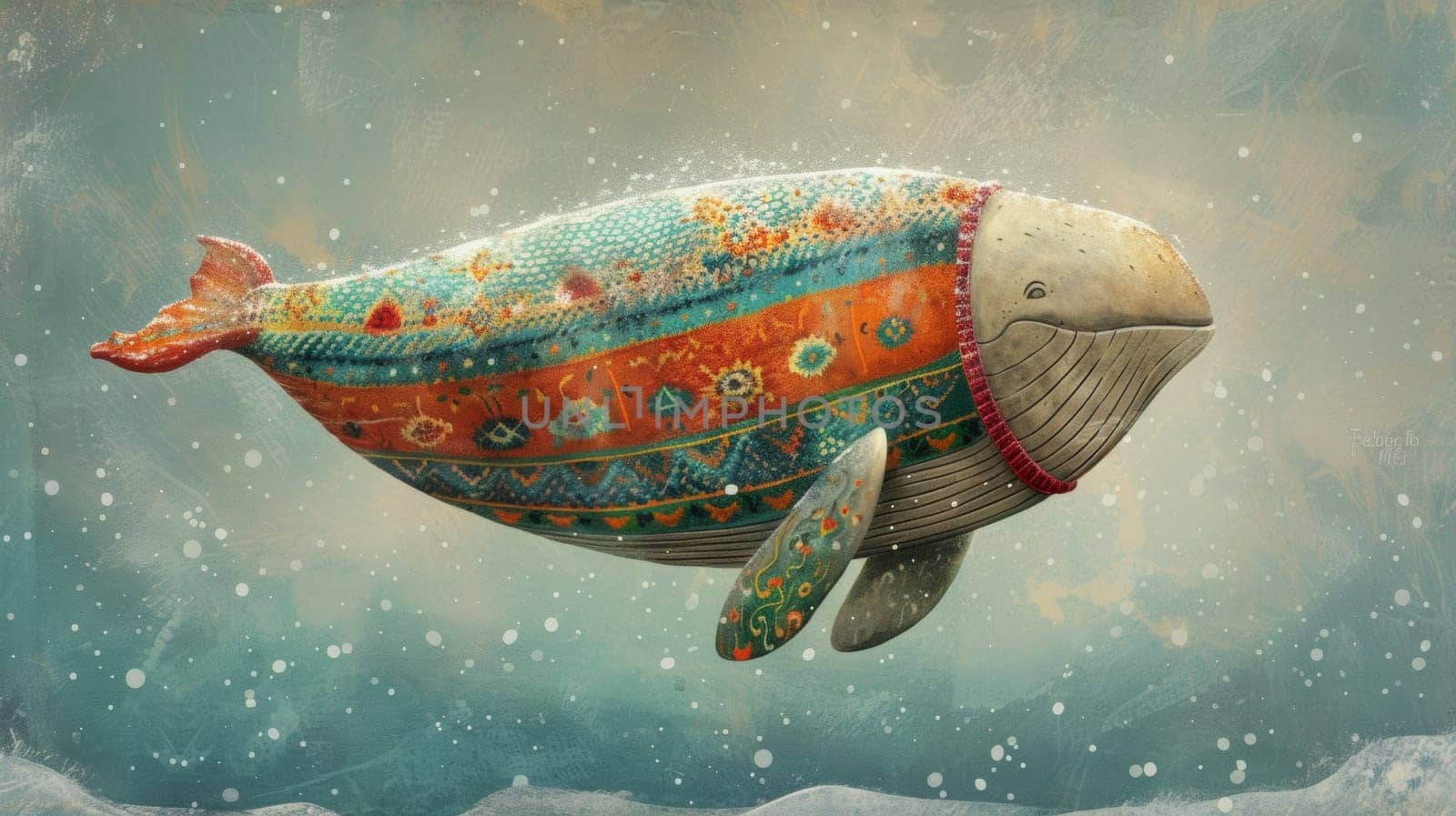 A whale with a colorful sweater is swimming in the water