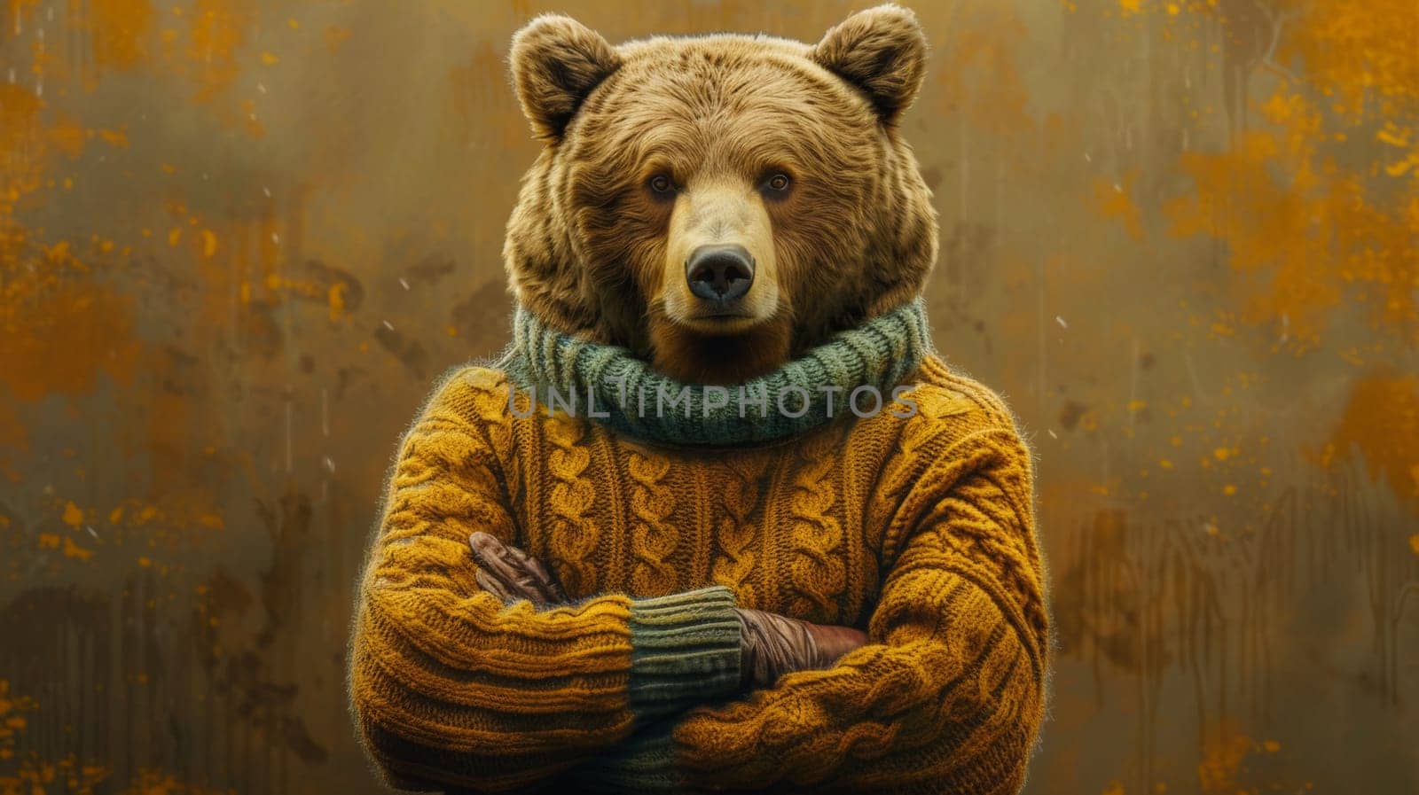 A bear wearing a sweater and standing with arms crossed, AI by starush