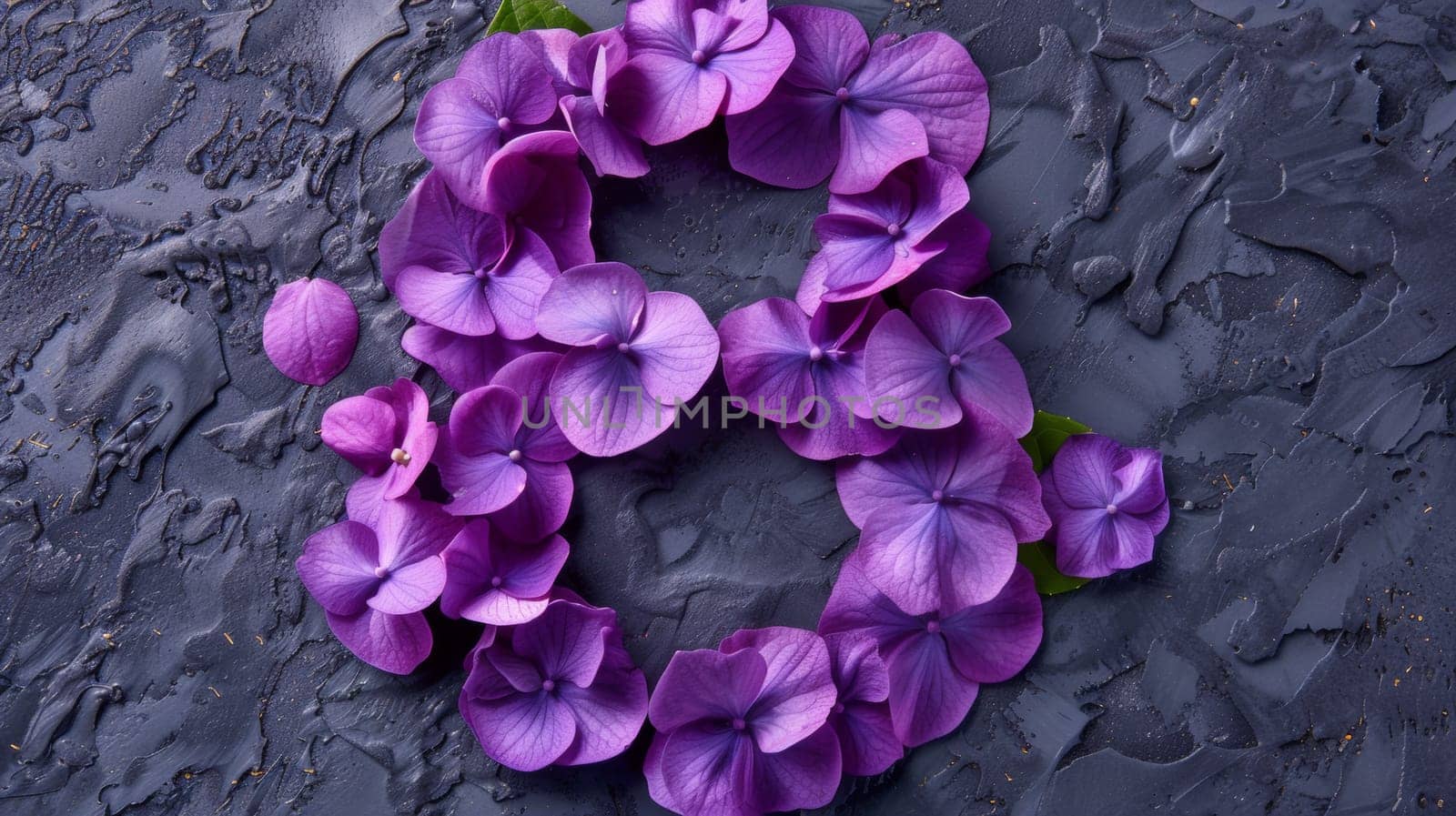 A number eight made of purple flowers on a gray background