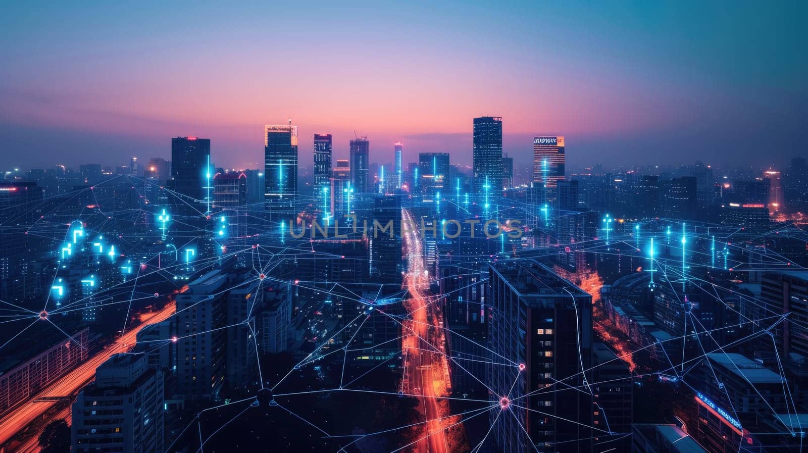 Smart city with connecting network and internet of things digital graphics over the skyline AIG41