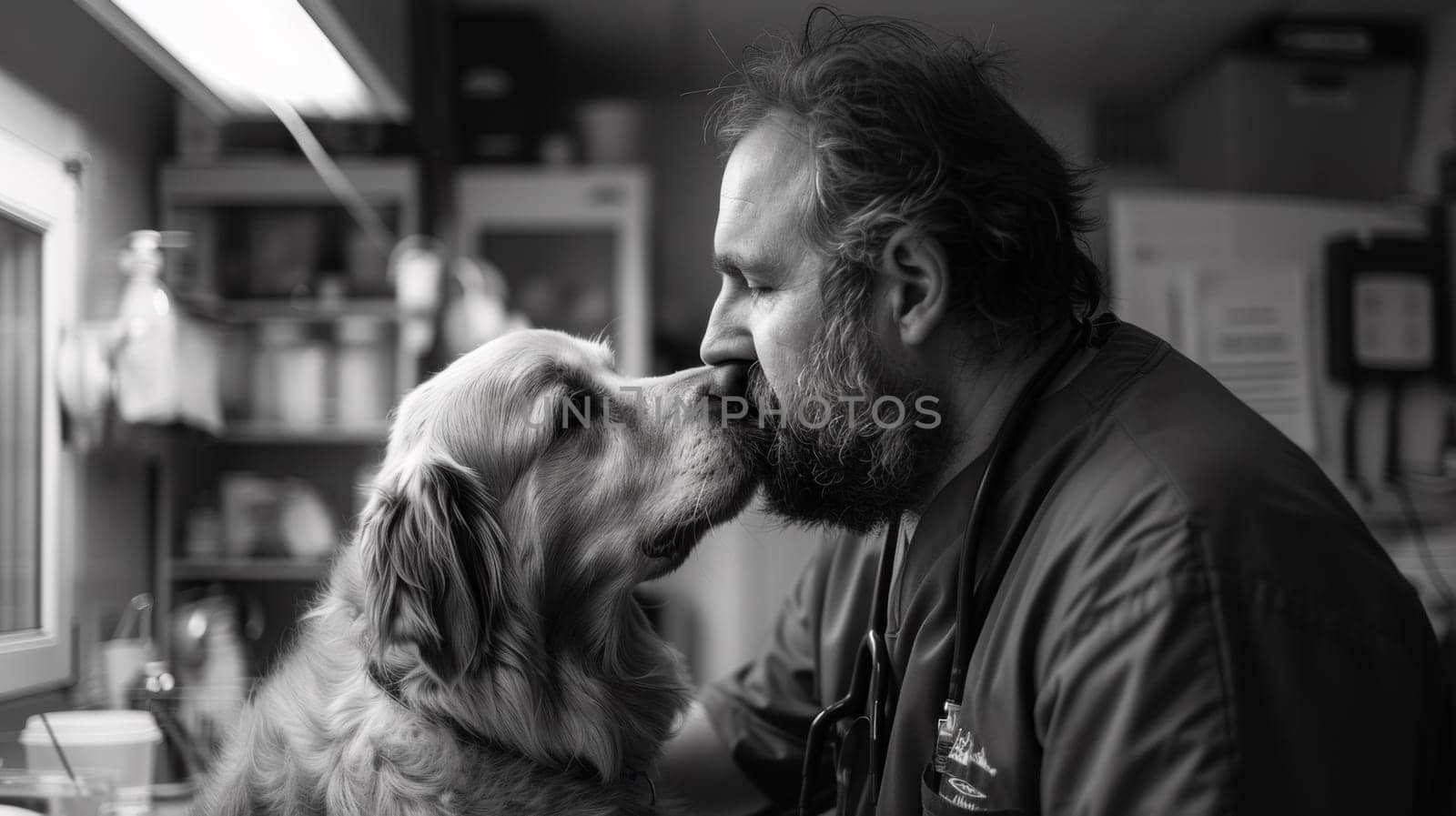 A man kissing a dog on the nose in black and white, AI by starush