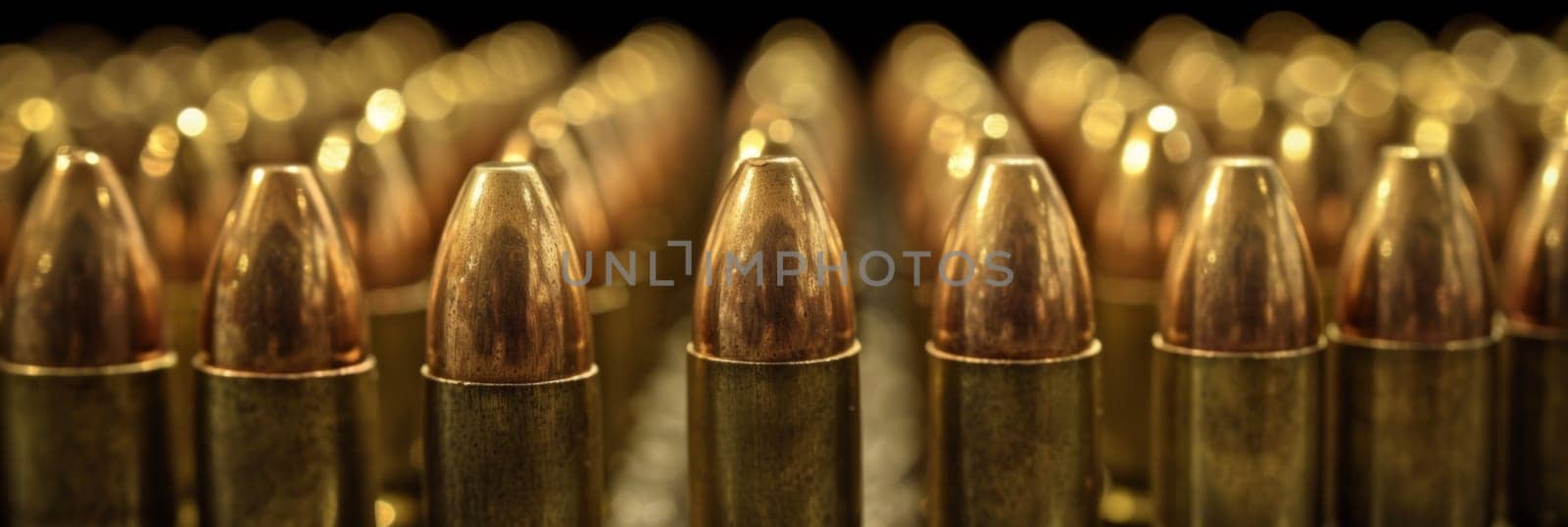 A close up of a row of bullets with gold tips