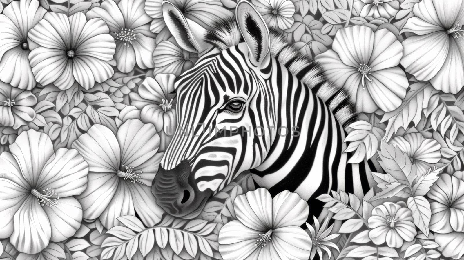 A zebra is surrounded by flowers in a black and white image, AI by starush