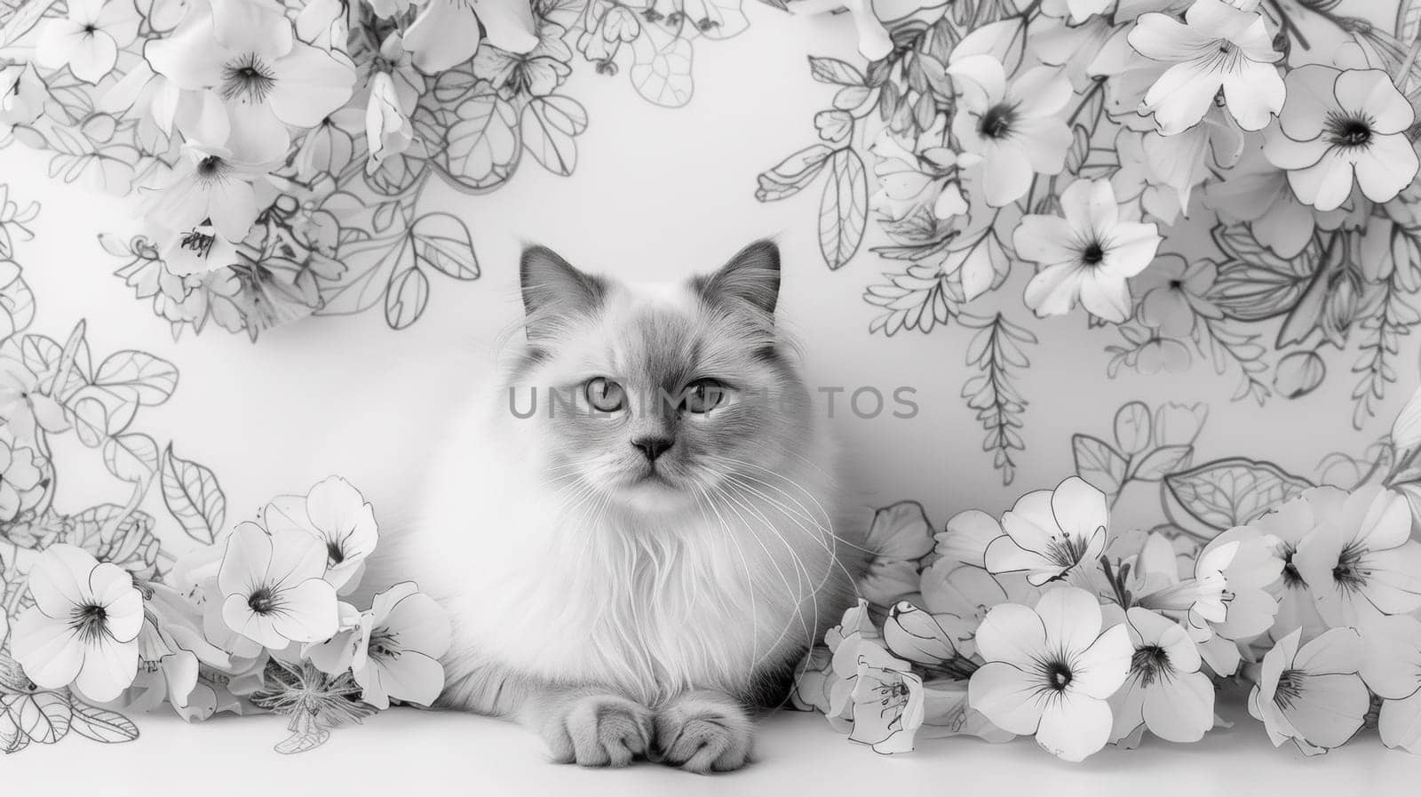 A cat sitting in front of a bunch of flowers