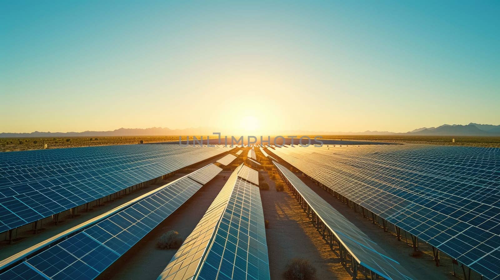 A vast solar panel farm stretches across a desert landscape, harnessing the power of the sun for renewable energy. AIG41