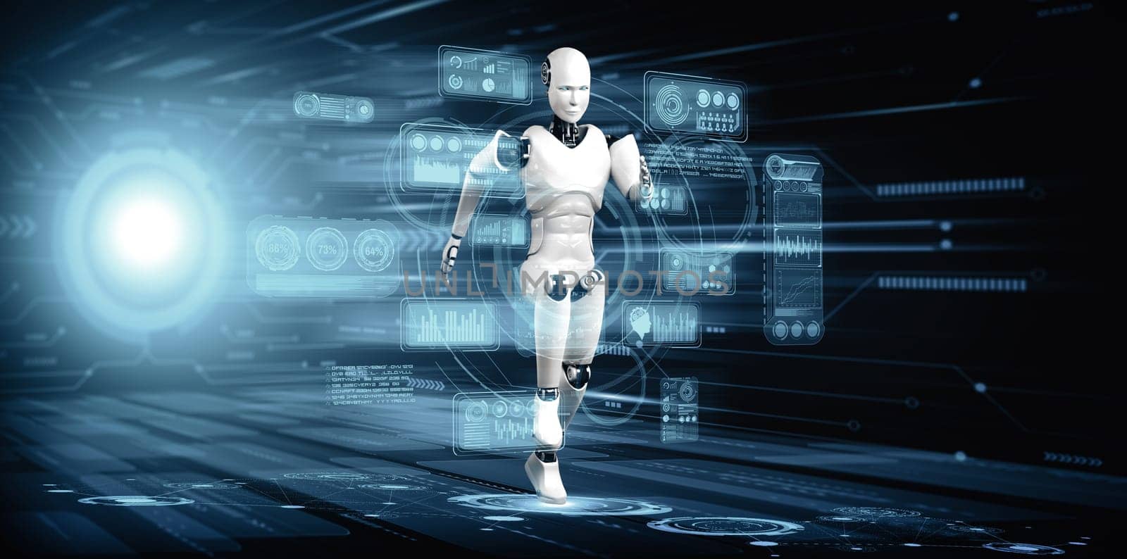 XAI 3d illustration Running robot humanoid showing fast movement and vital energy in concept of future innovation development toward AI brain and artificial intelligence thinking by machine learning. 3D illustration.