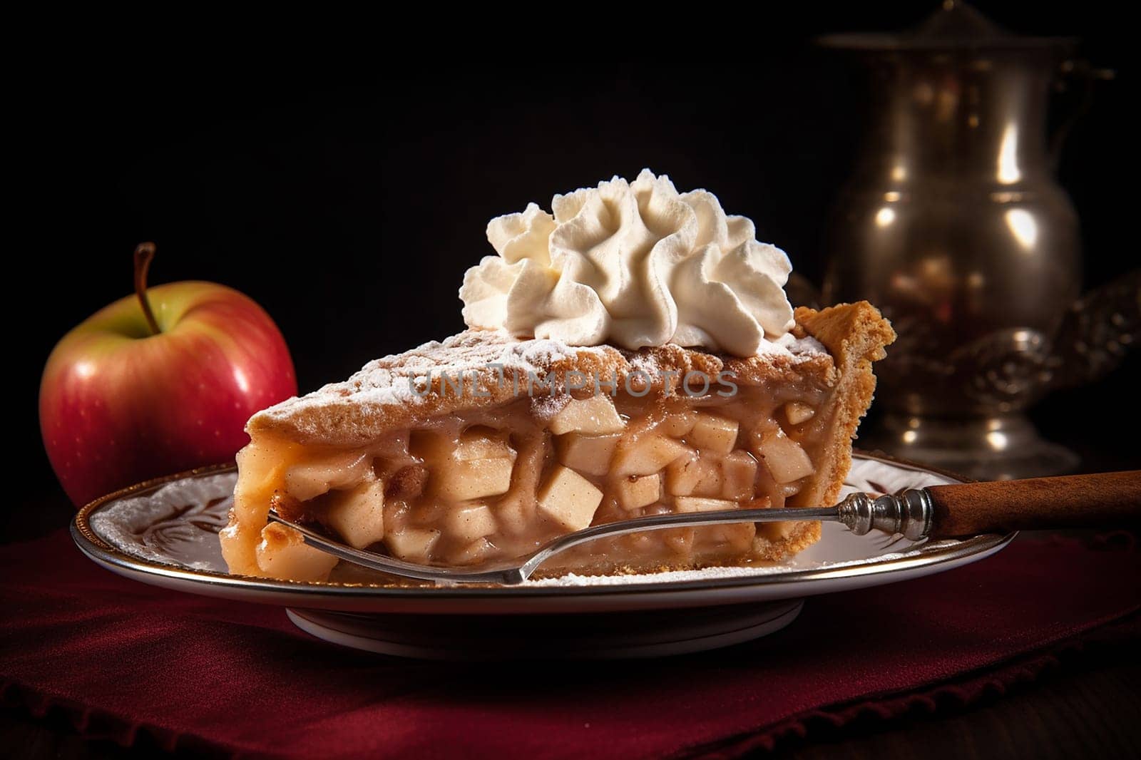 A slice of apple pie topped with whipped cream, served on a plate.