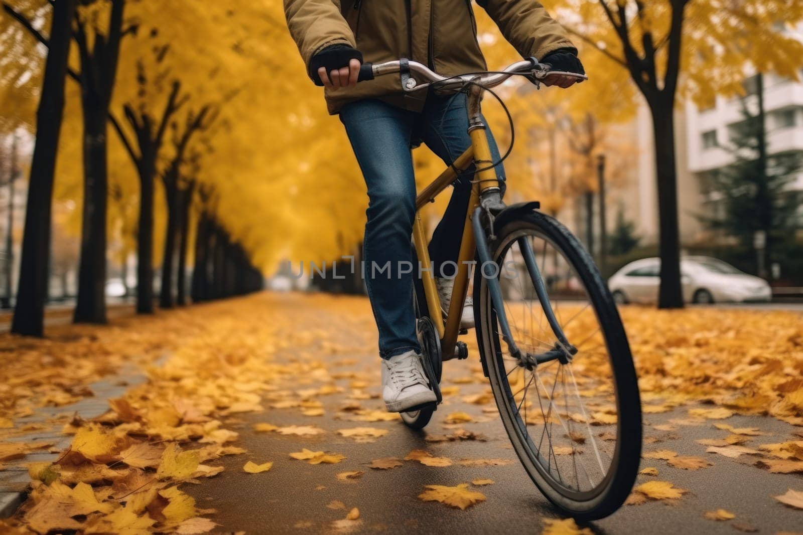 young man on a bicycle traveling on a city road. Generative AI.