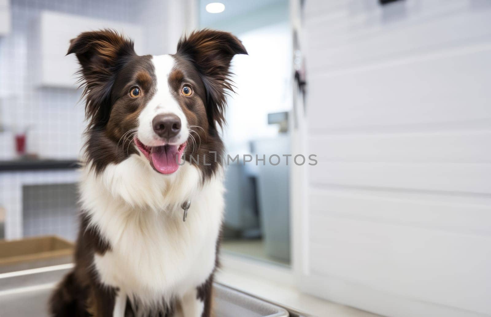 A black-and-white dog patiently awaits its veterinary examination in the clinic.Generated image.
