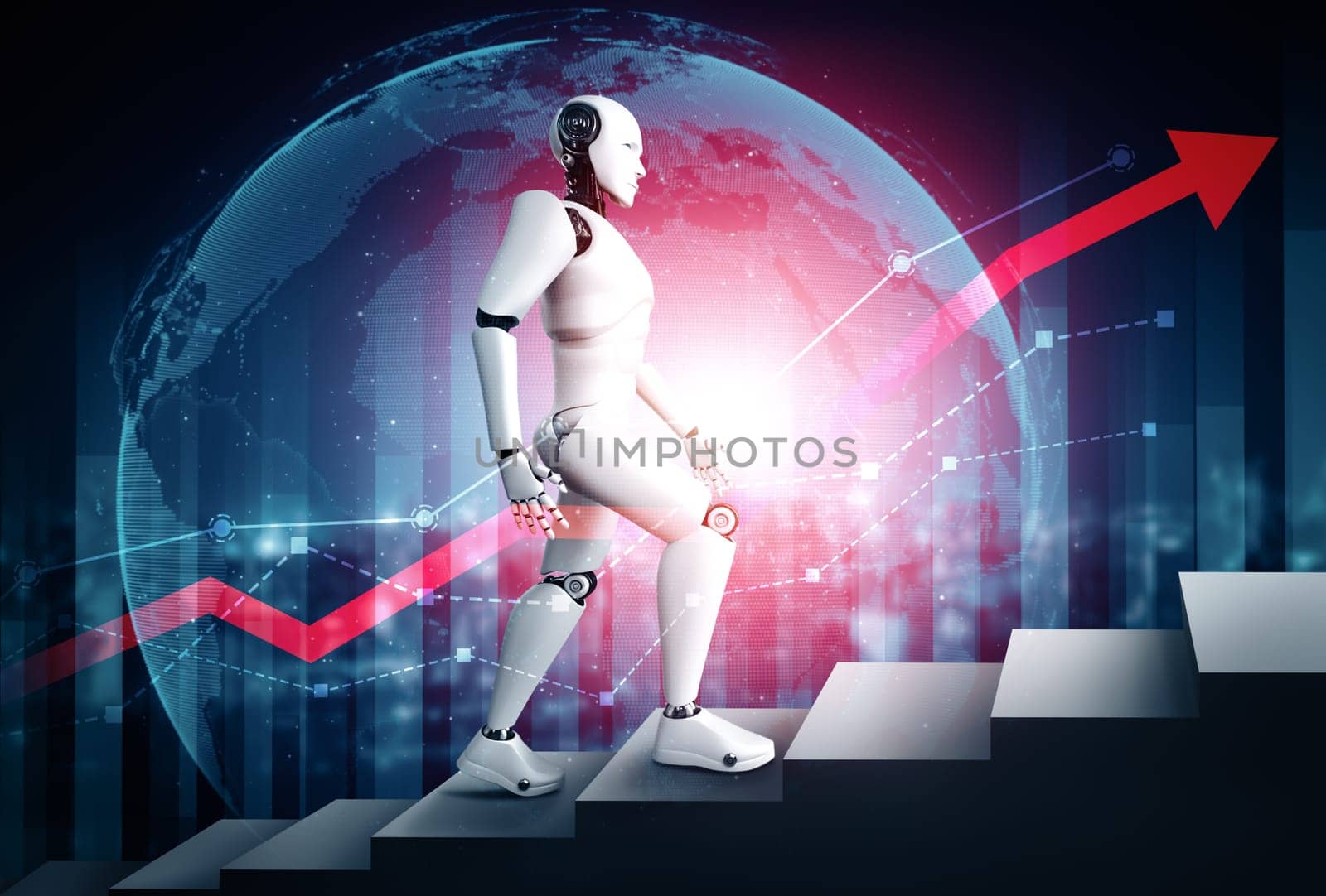 XAI 3d illustration Business growth concept by using AI robot and machine learning technology to analyze data and give advice on future business investment planning. 3D rendering illustration.