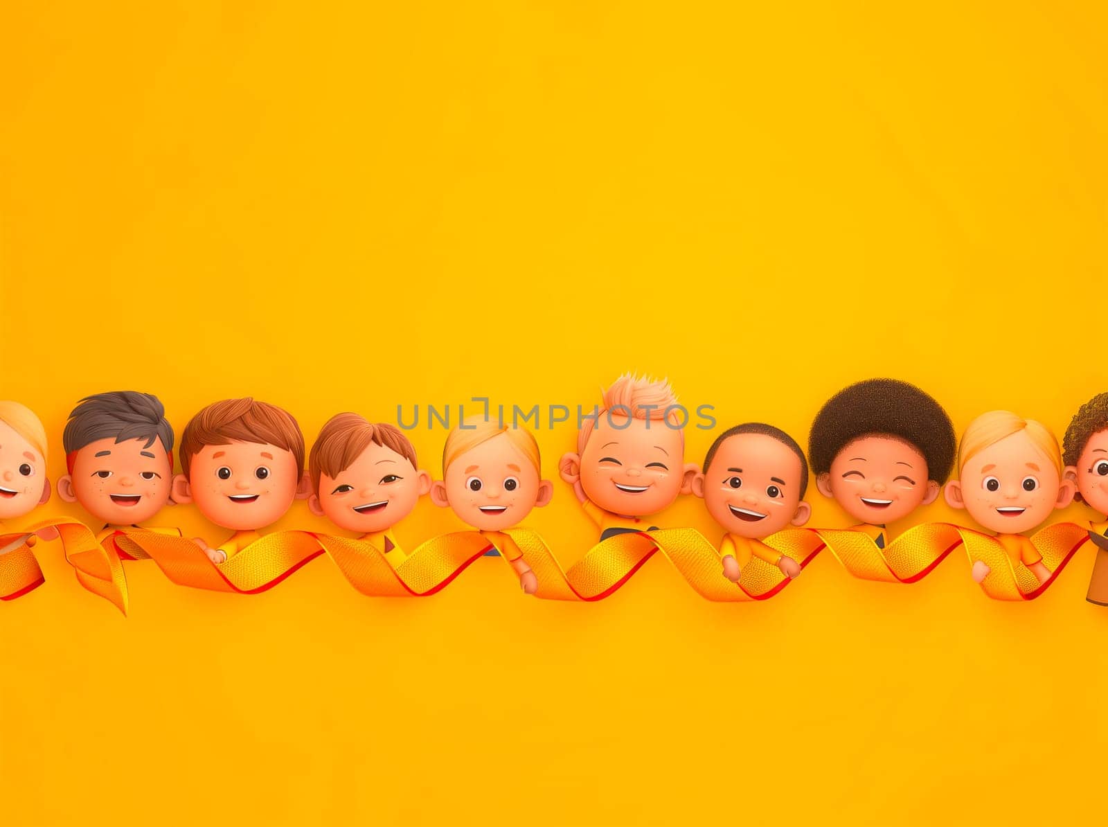 Design Many Smiling Kids of Different Races Hold Yellow Ribbon on Yellow Background. Cartoon Mockup. International Kindergarten or Children Day, June. AI Generated. Copy Space. 3D Horizontal Plane. by netatsi