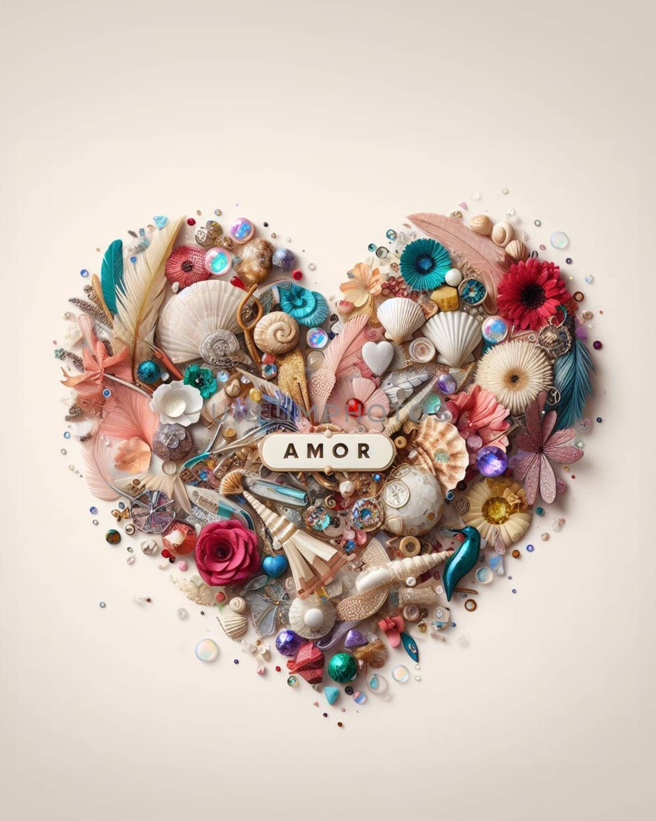 3d rendered heart made of starfishes flowers and feather with word amor lettering sign love concept by verbano