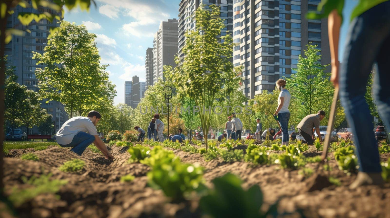 A group of people is tending to plants, shrubs, and trees in a garden, with city buildings visible in the background. AIG41