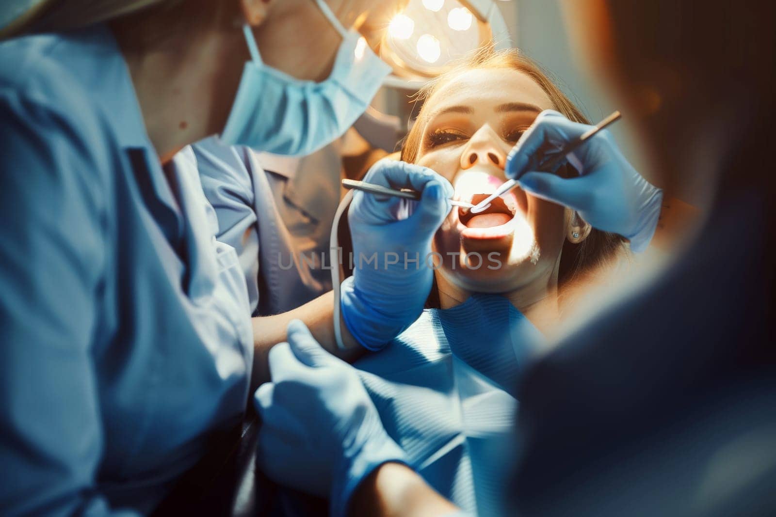 Dental treatment. Close up of female at dentist office, getting check up. Generative AI by matamnad