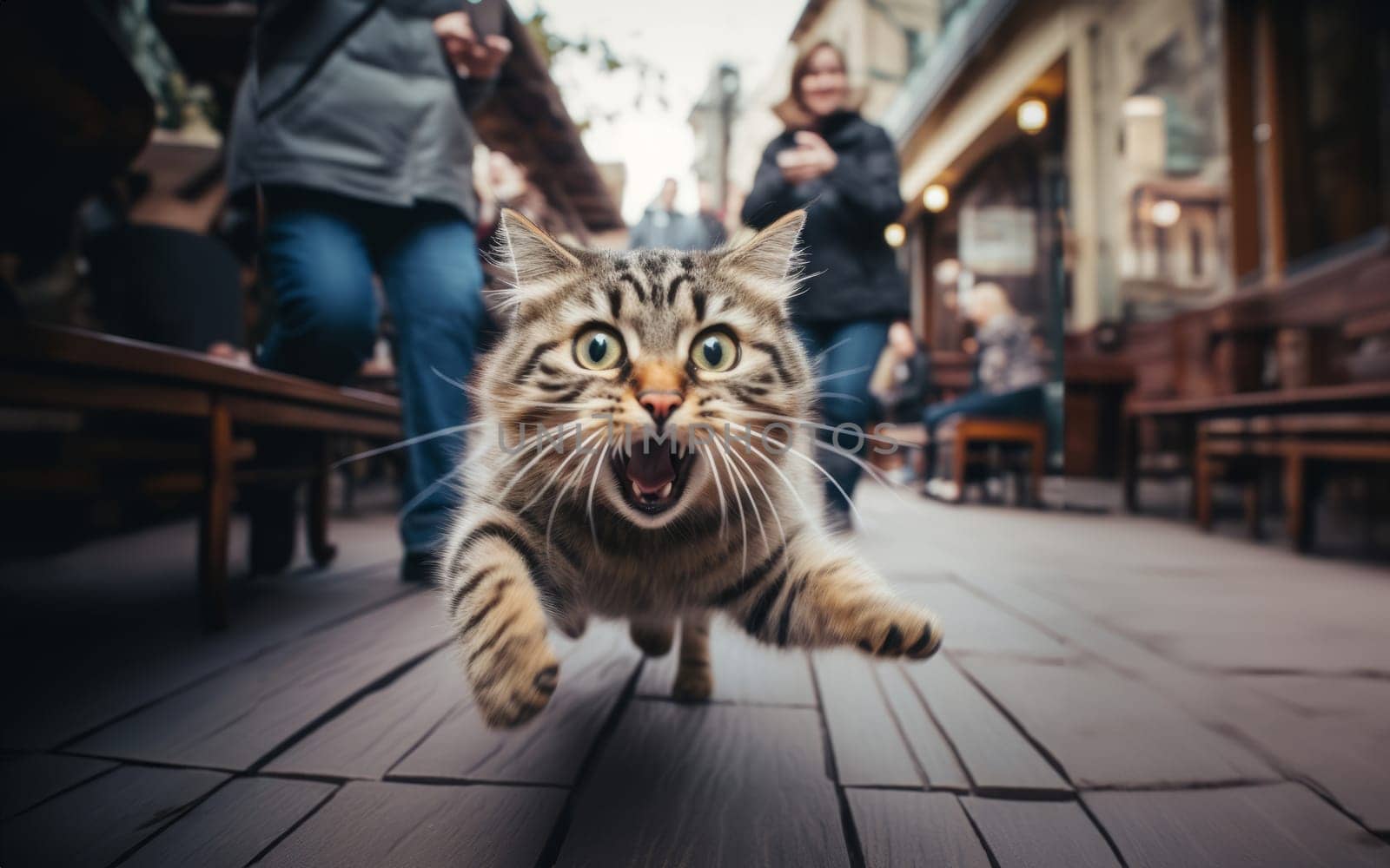 A close-up photograph captures a cat dashing through the urban streets with agility and speed, amidst the bustling cityscape by dotshock