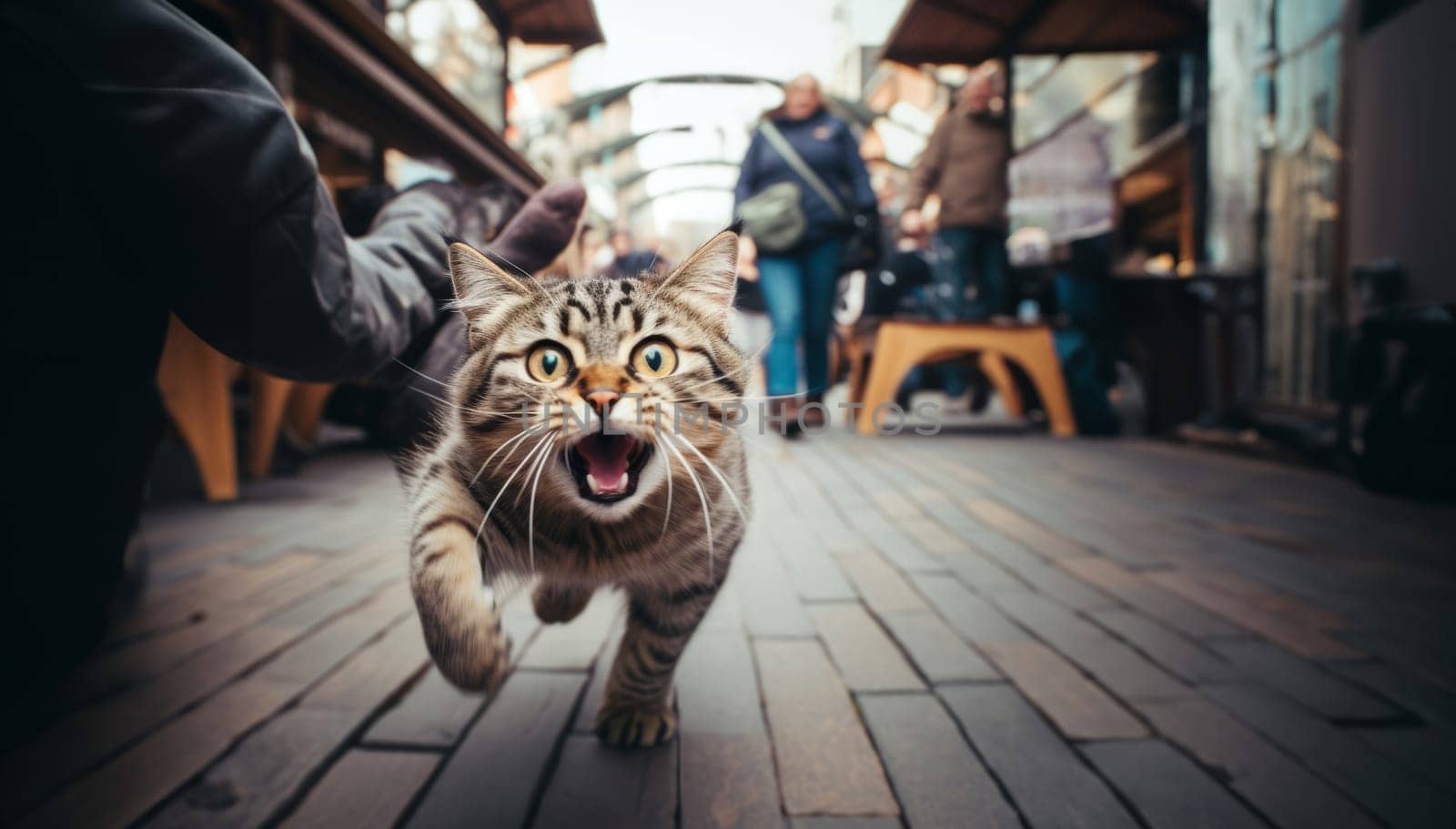 A close-up photograph captures a cat dashing through the urban streets with agility and speed, amidst the bustling cityscape.