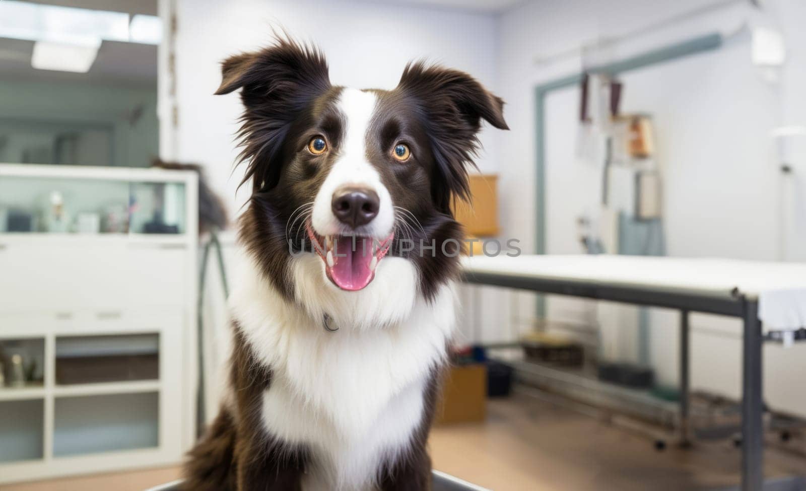 A black-and-white dog patiently awaits its veterinary examination in the clinic.Generated image.