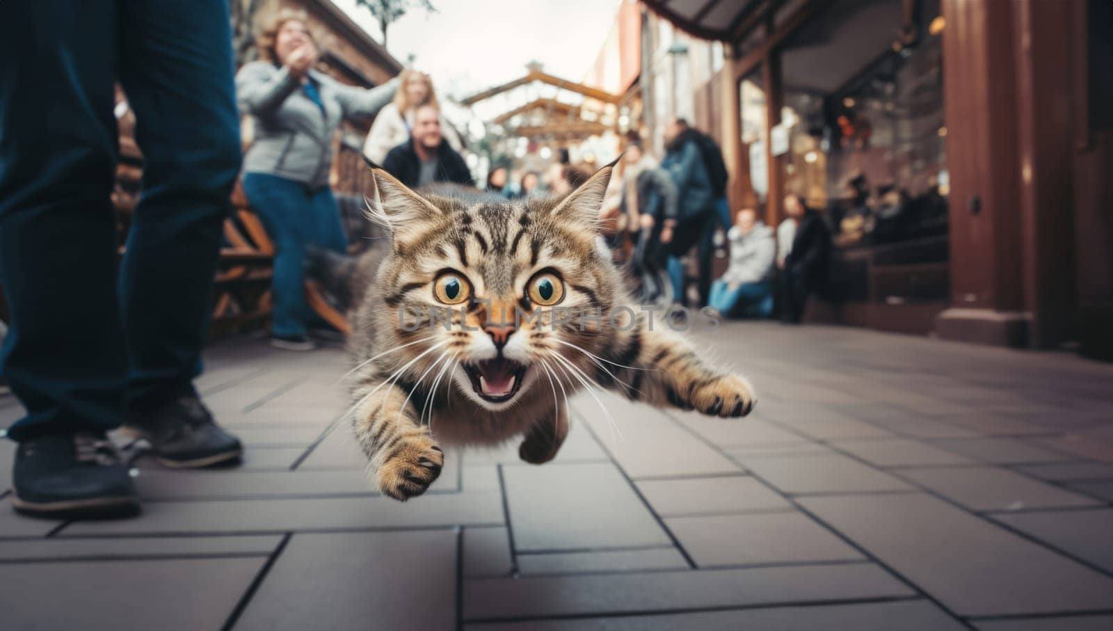 A close-up photograph captures a cat dashing through the urban streets with agility and speed, amidst the bustling cityscape.
