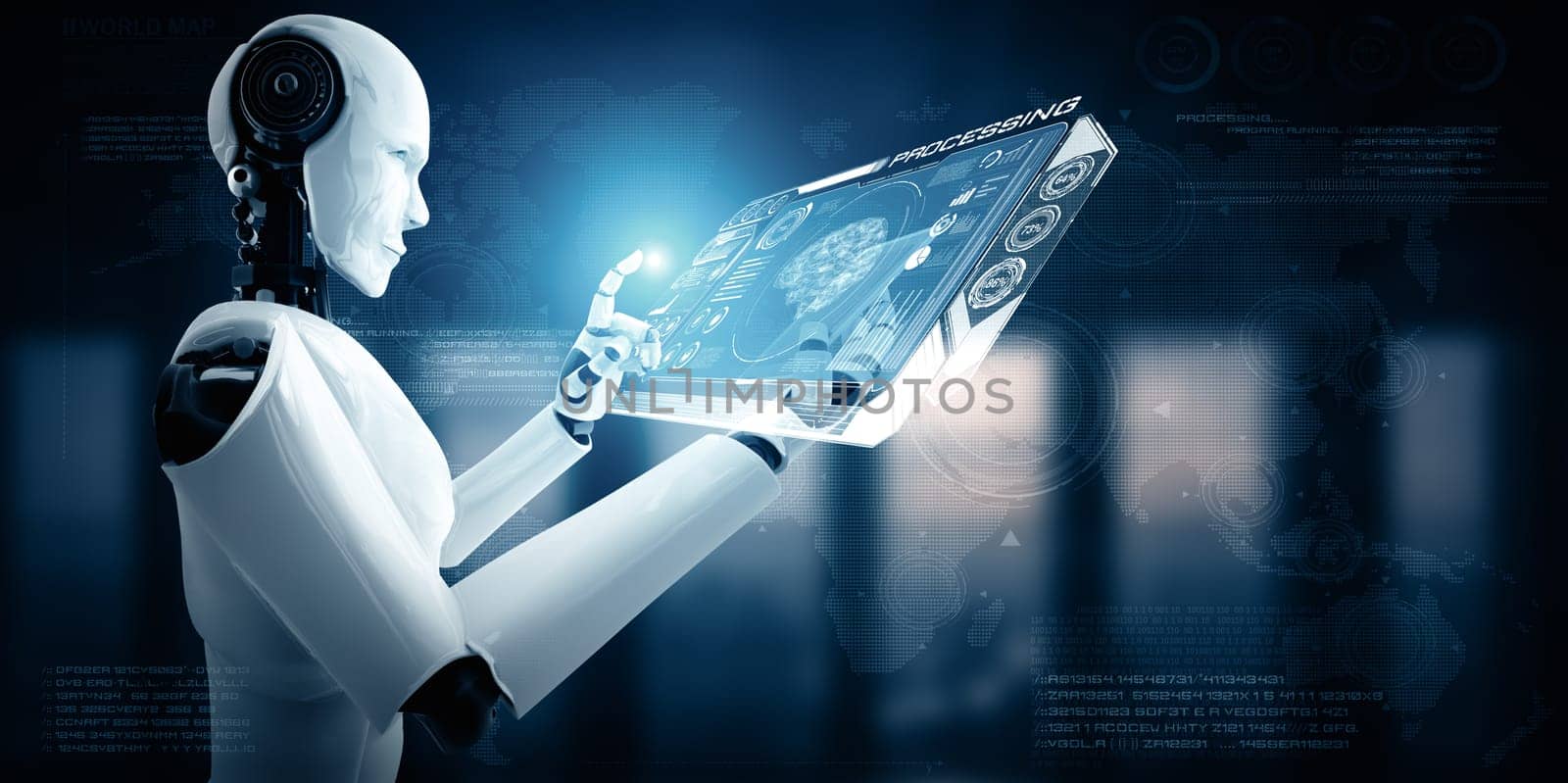 XAI Robot humanoid use mobile phone or tablet in concept of AI thinking brain by biancoblue