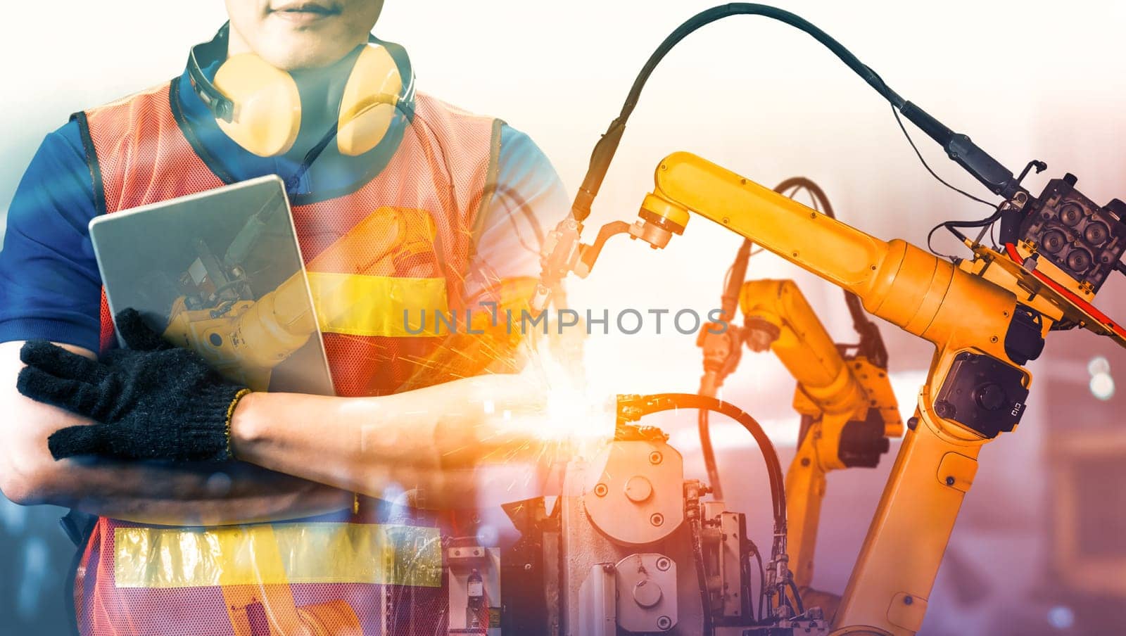 XAI Mechanized industry robot arm and factory worker double exposure by biancoblue