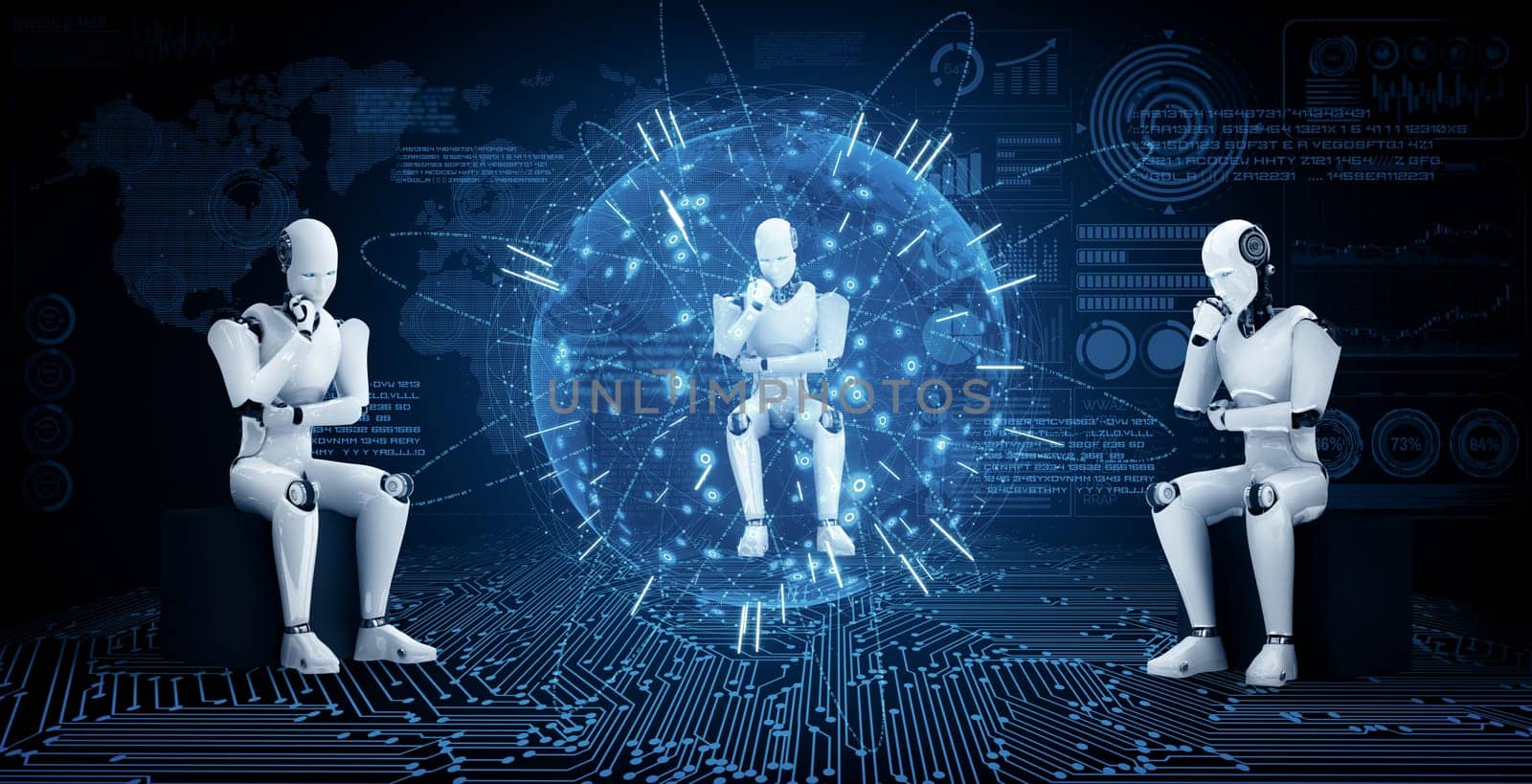 XAI 3d illustration Thinking AI humanoid robot analyzing hologram screen shows concept of network global communication using artificial intelligence by machine learning process. 3D illustration computer graphic.