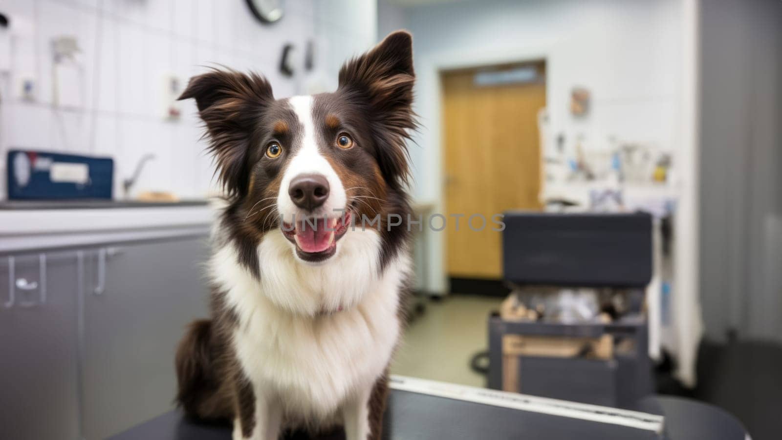 A black-and-white dog patiently awaits its veterinary examination in the clinic.Generated image by dotshock