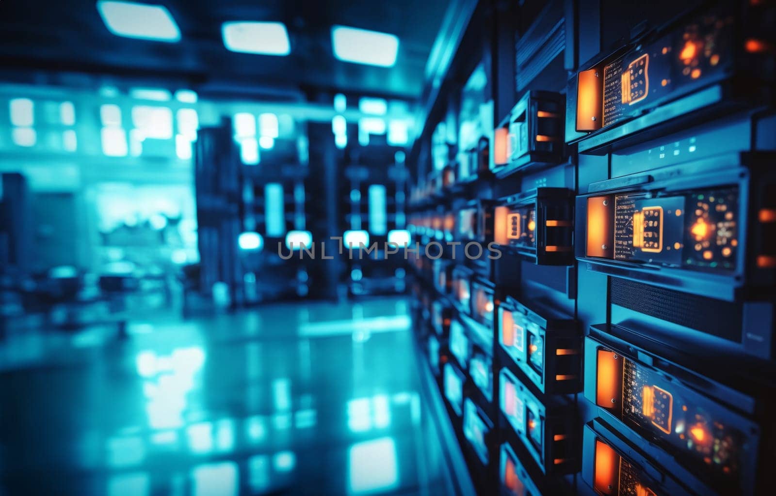 A close-up photograph showcases modern blue computers in a server room, illustrating the technological infrastructure of data management and communication networks.Generated image.